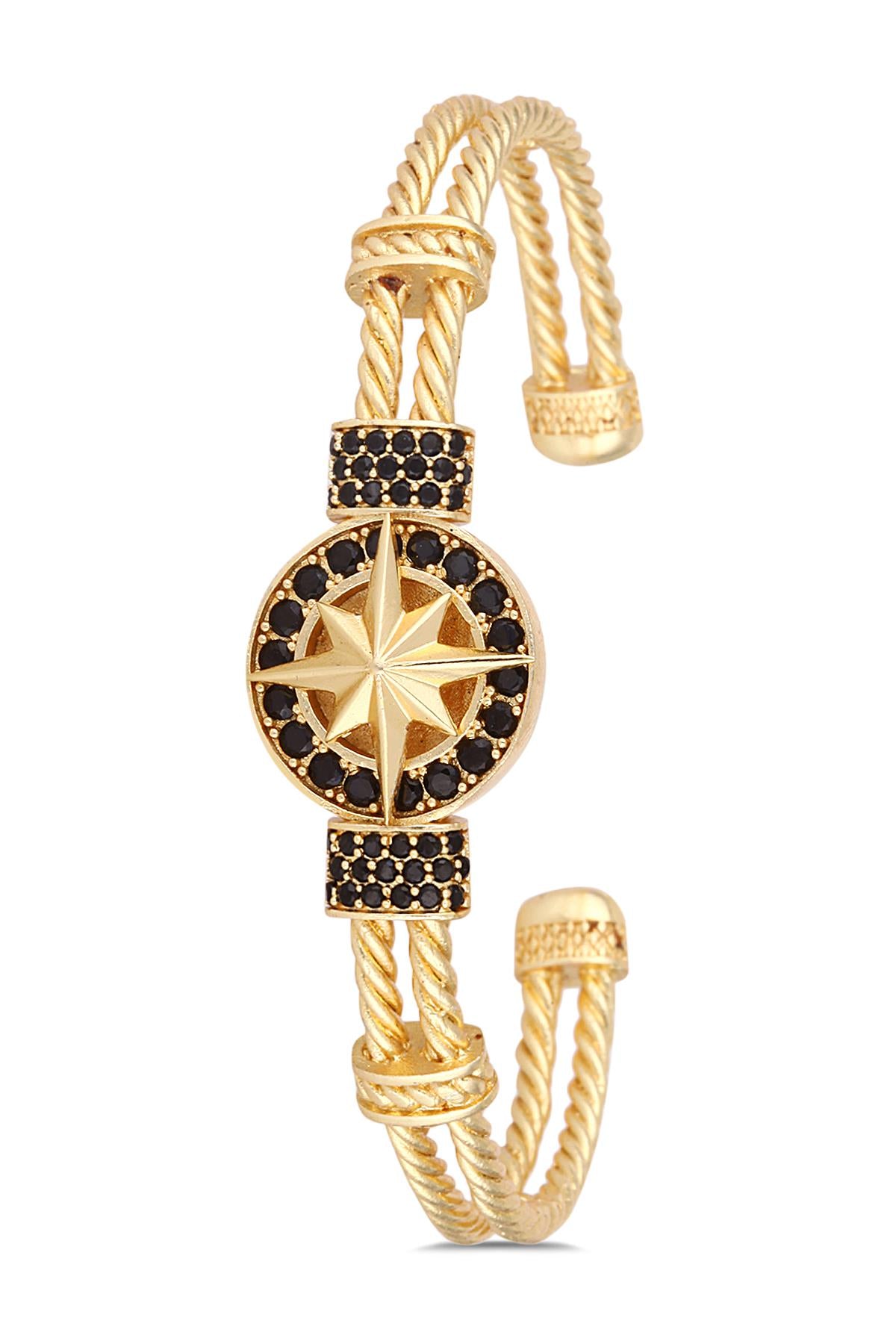 FRNCH Pusula Figürlü Gold Renkli Zirkon Taşlı Handmade Kelepçe Erkek Bileklik FRJ11172-1272-G
