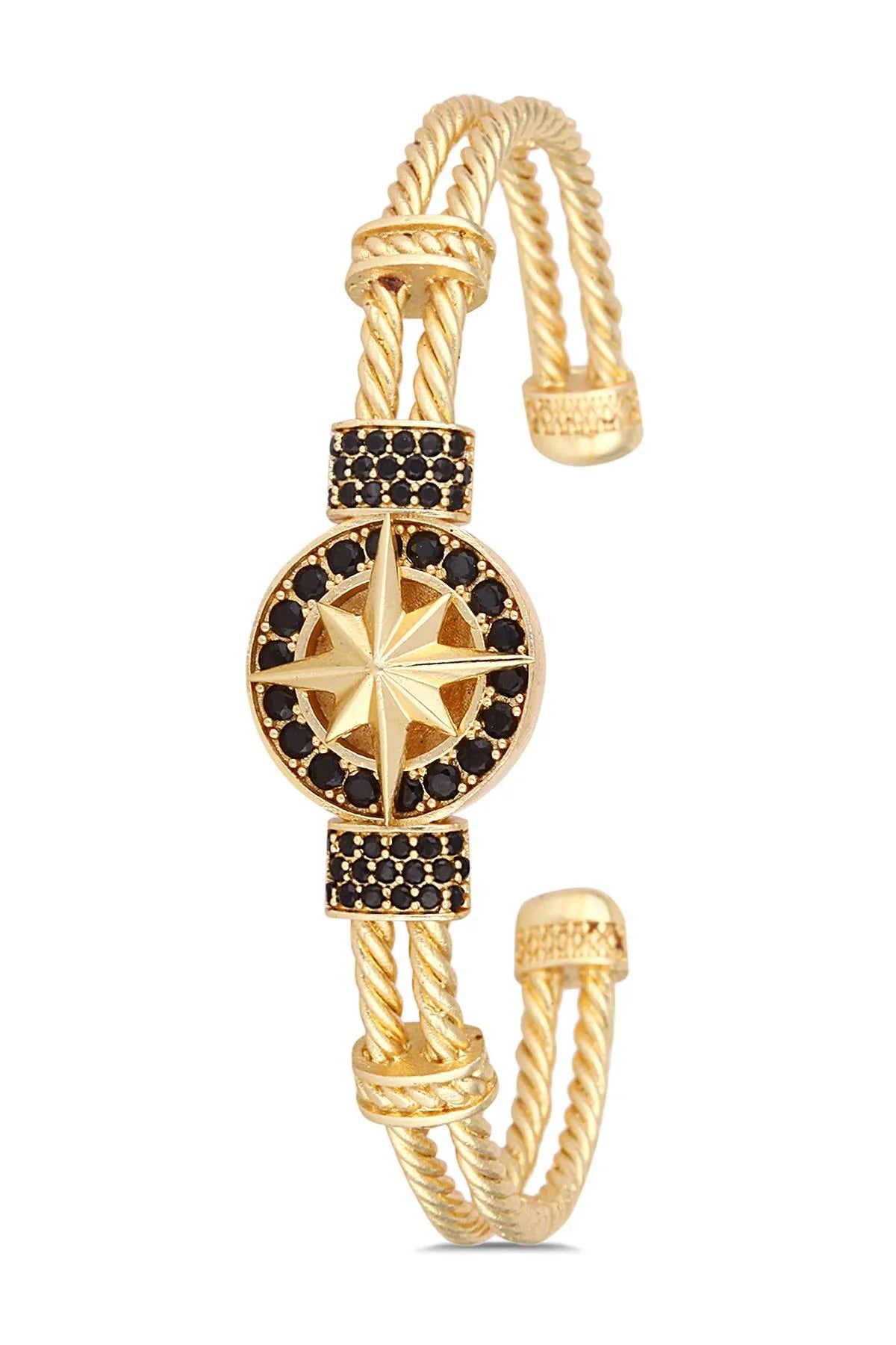FRNCH Pusula Figürlü Gold Renkli Zirkon Taşlı Handmade Kelepçe Erkek Bileklik FRJ11172-1272-G