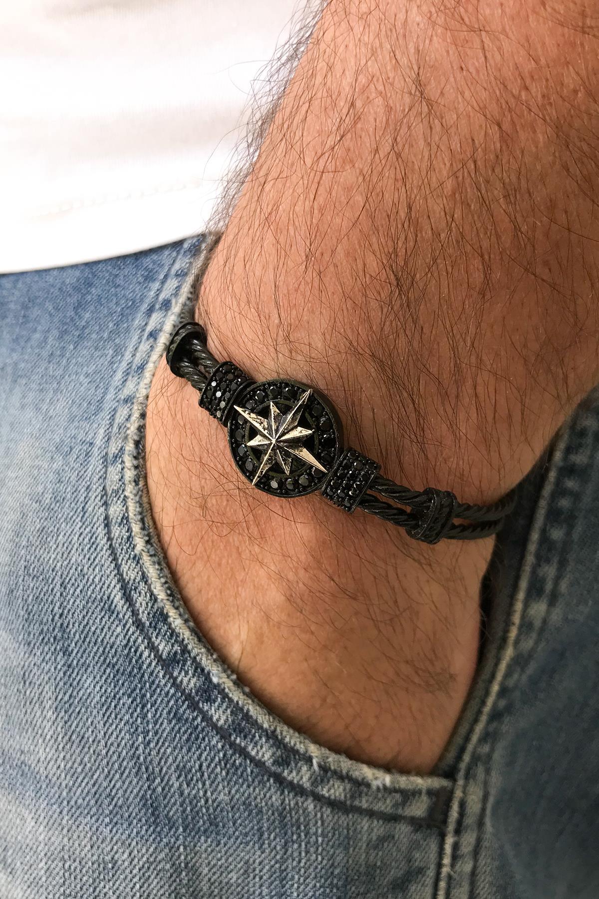 FRNCH Pusula Figürlü Siyah-Antik Gümüş Renkli Zirkon Taşlı Handmade Kelepçe Erkek Bileklik FRJ11172-1272-B2A2