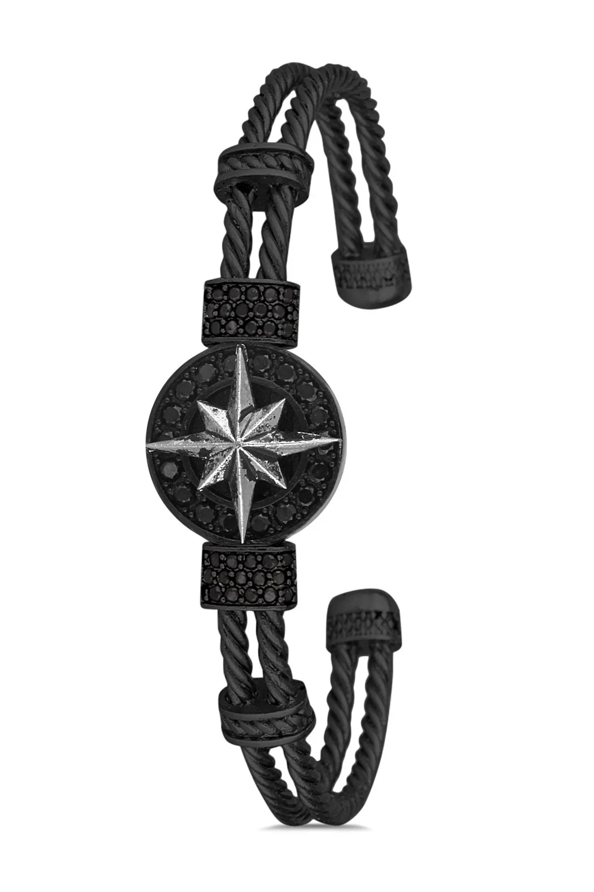 FRNCH Pusula Figürlü Siyah-Antik Gümüş Renkli Zirkon Taşlı Handmade Kelepçe Erkek Bileklik FRJ11172-1272-B2A2