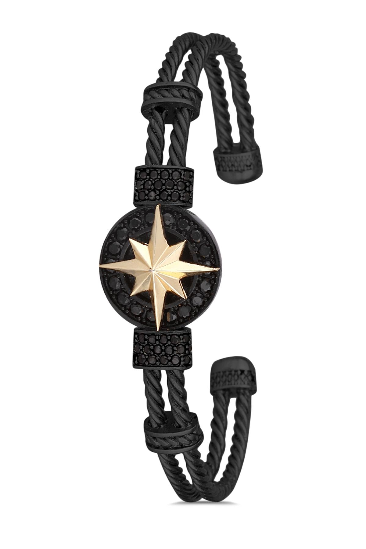 FRNCH Pusula Figürlü Siyah-Gold Renkli Zirkon Taşlı Handmade Kelepçe Erkek Bileklik FRJ11172-1272-B2G