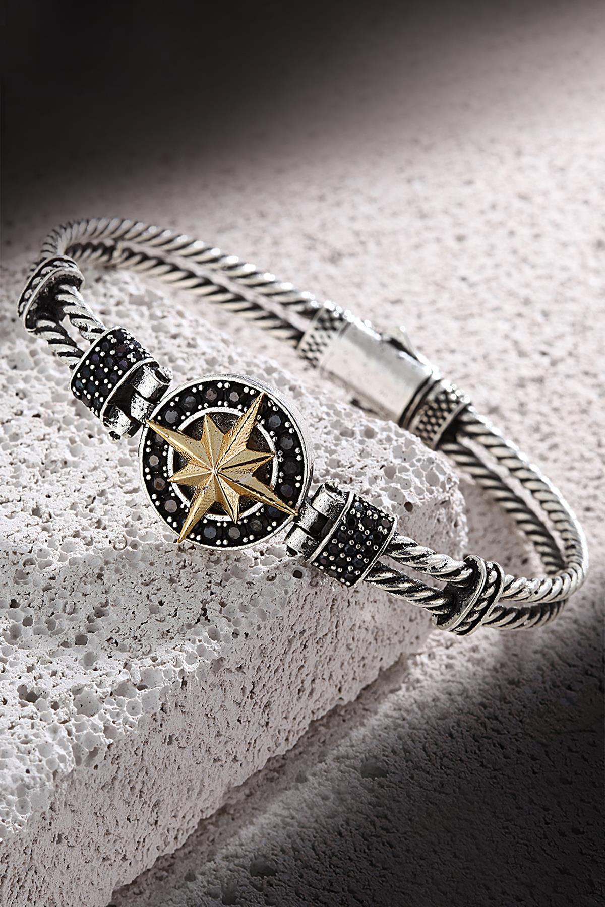 FRNCH Pusula Figürlü Zirkon Taşlı Çift Renk Handmade Erkek Bileklik FRJ11169-1269-A2G