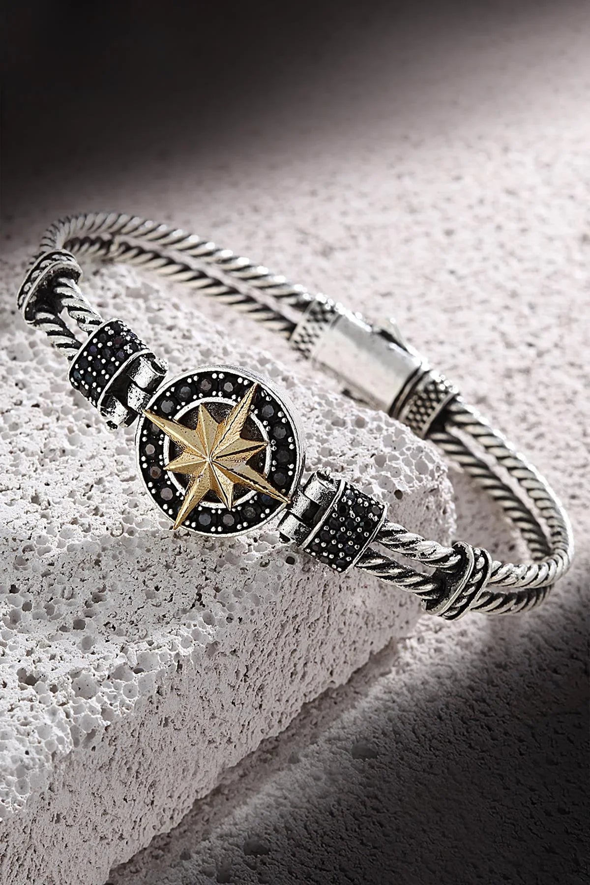 FRNCH Pusula Figürlü Zirkon Taşlı Çift Renk Handmade Erkek Bileklik FRJ11169-1269-A2G