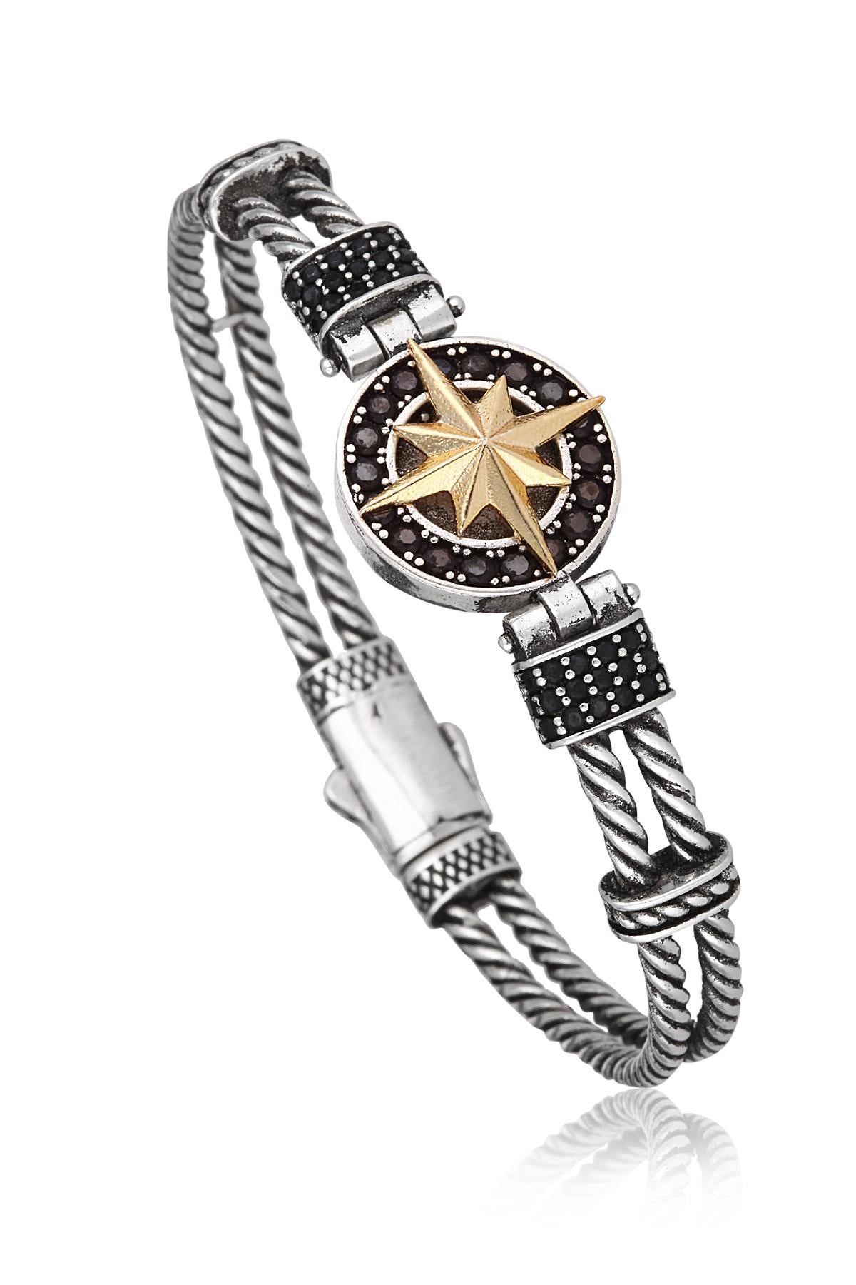 FRNCH Pusula Figürlü Zirkon Taşlı Çift Renk Handmade Erkek Bileklik FRJ11169-1269-A2G
