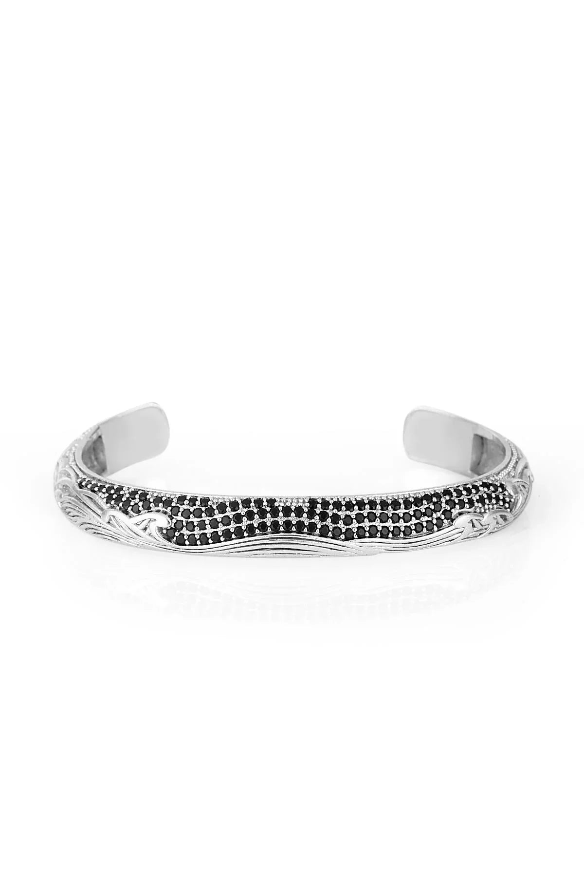 FRNCH Şal Desen Antik Gümüş Renk Zirkon Taşlı Handmade Kelepçe Erkek Bileklik FRJ11231-1331-A2