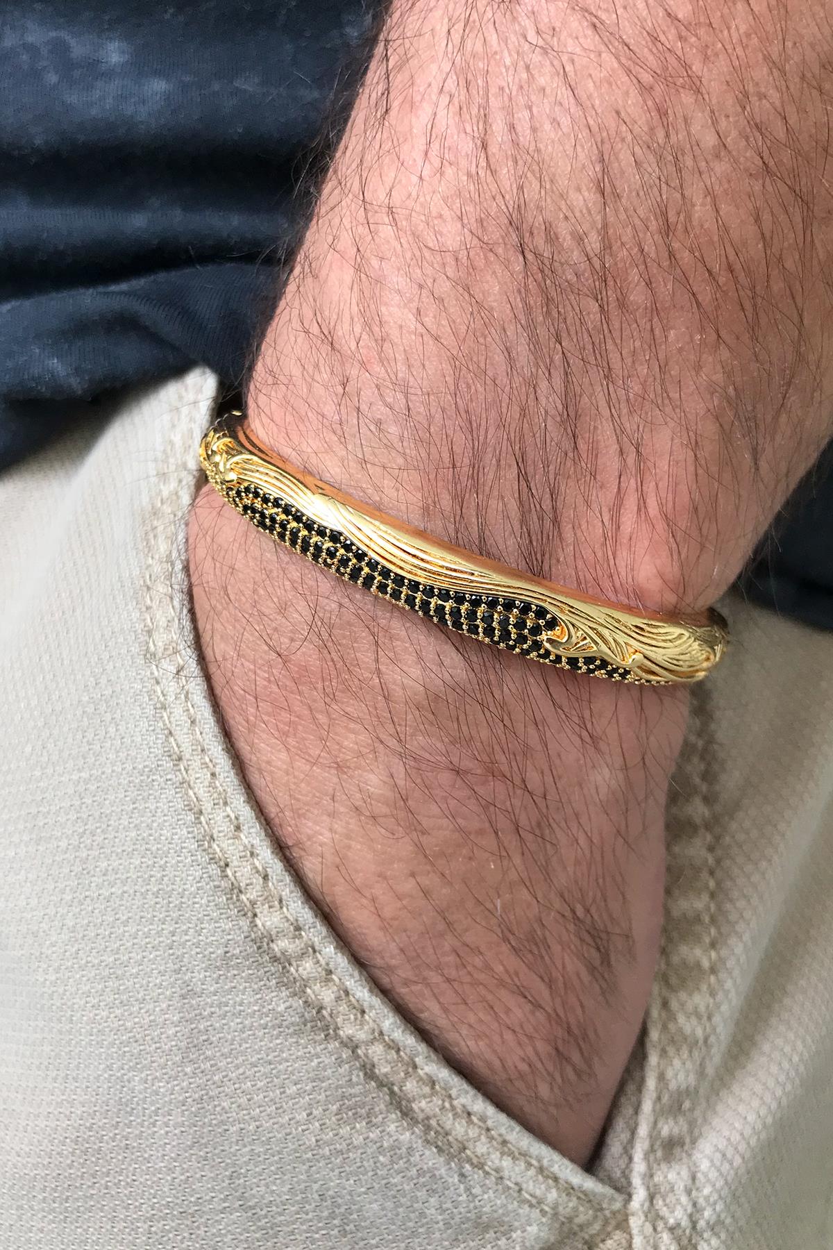 FRNCH Şal Desen Gold Renkli Zirkon Taşlı Handmade Kelepçe Erkek Bileklik FRJ11231-1331-G