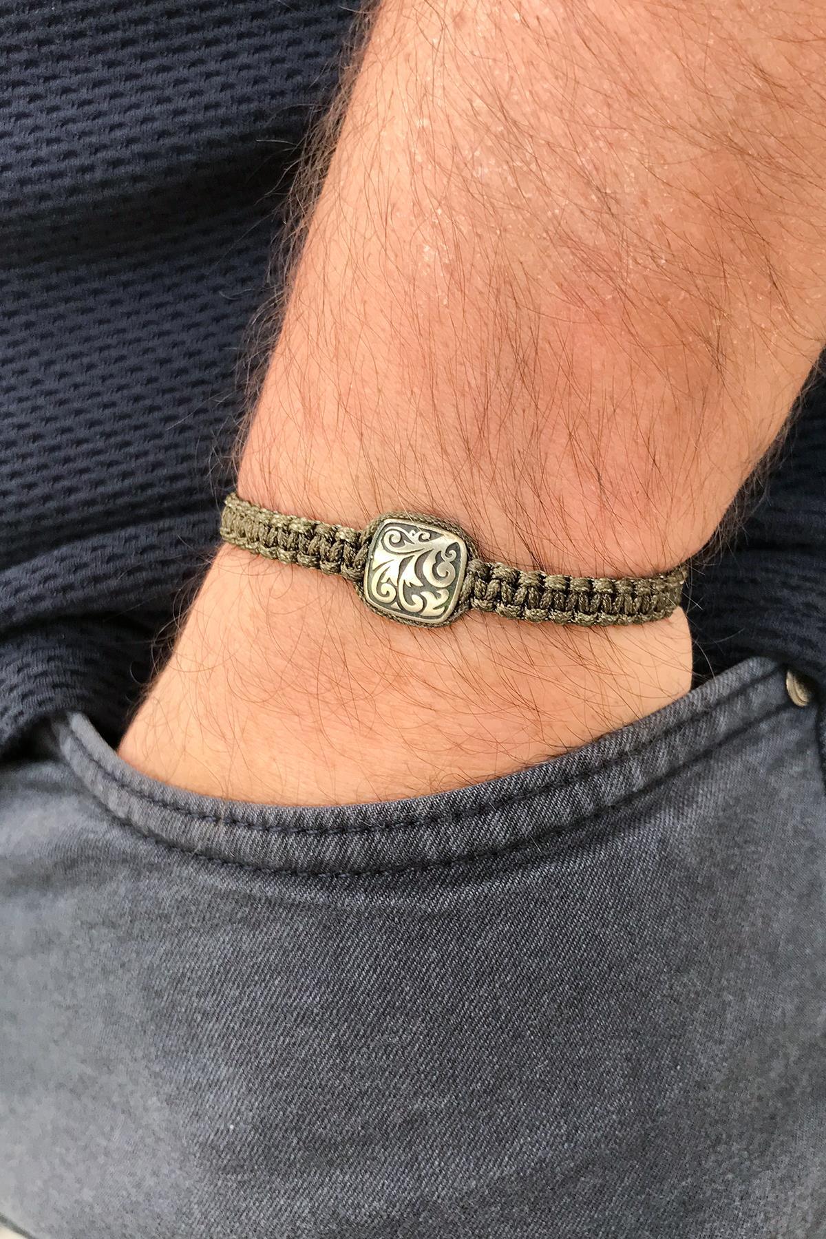 FRNCH Şal Desen Model Haki Renk İpli El Yapımı Ayarlanabilir Erkek Bileklik FRJ11244-1344-H