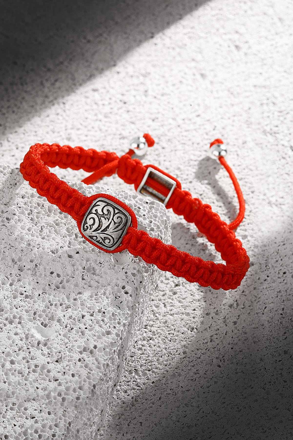 FRNCH Şal Desen Model Kırmızı Renk İpli El Yapımı Ayarlanabilir Erkek Bileklik FRJ11244-1344-K2