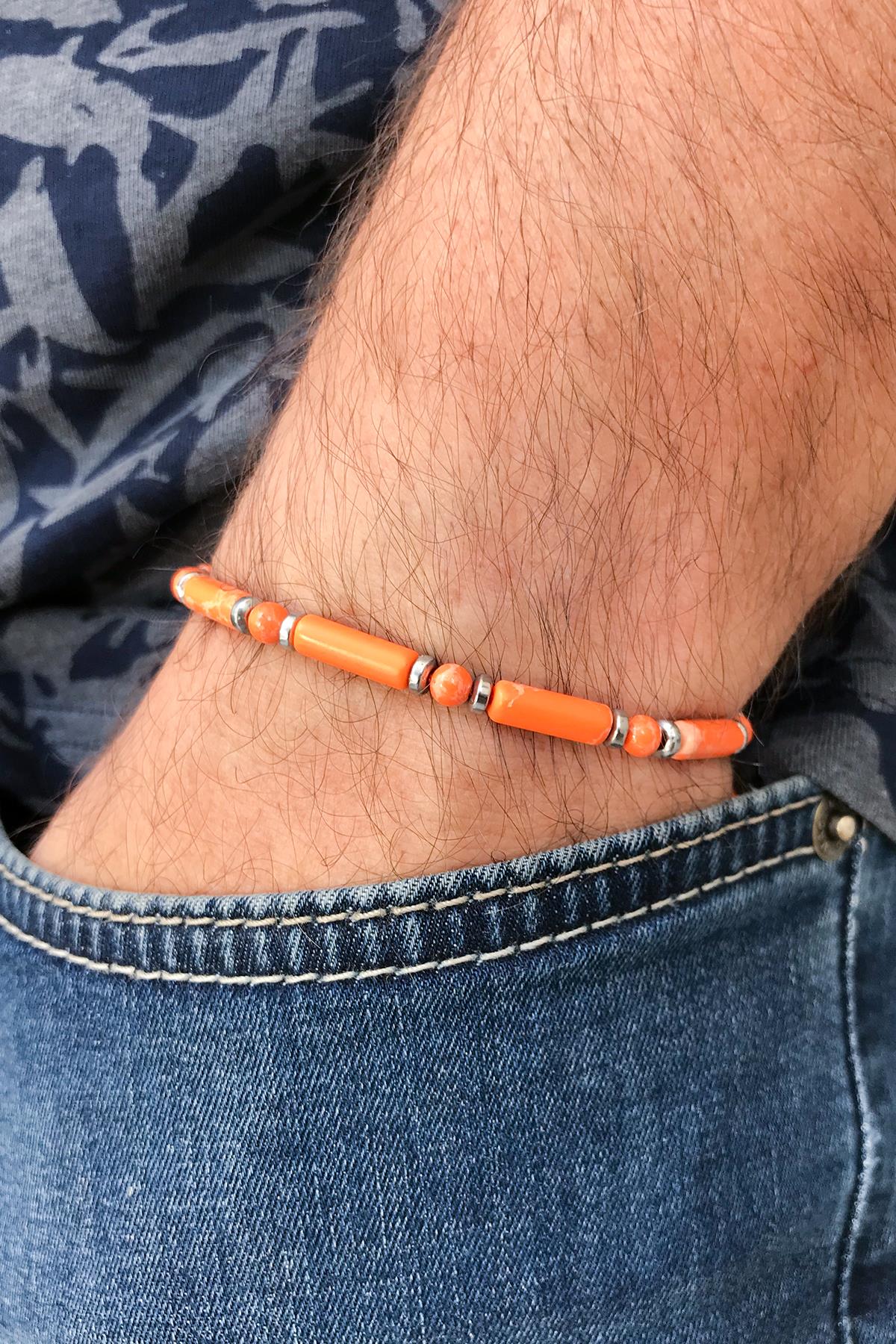 FRNCH Silindir Varisit Doğal Taşlı Turuncu Renk Ayarlanabilir Erkek Bileklik FRJ11264-1364-T