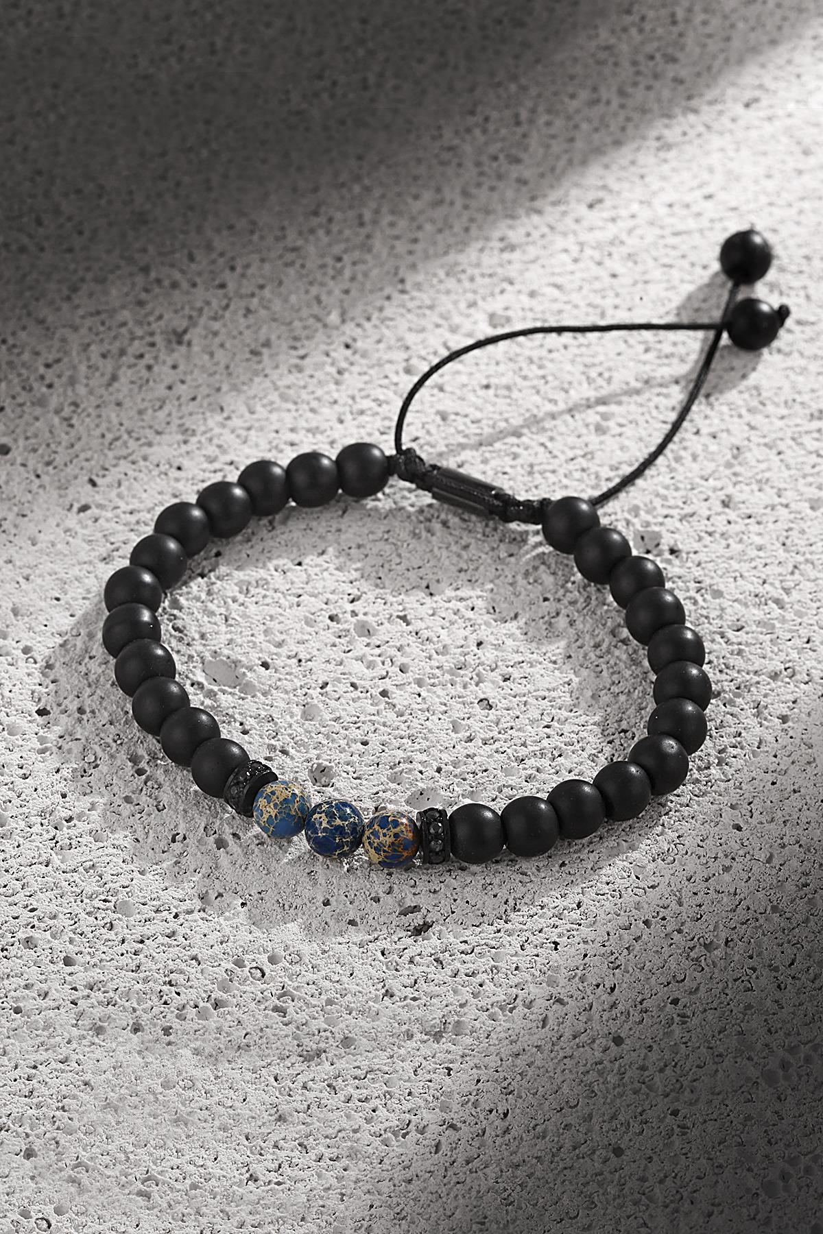 FRNCH Sıralı Doğal Taşlı Çift Renkli Zirkon Taşlı Ayarlanabilir Handmade Erkek Bileklik FRJ11238-1338-B