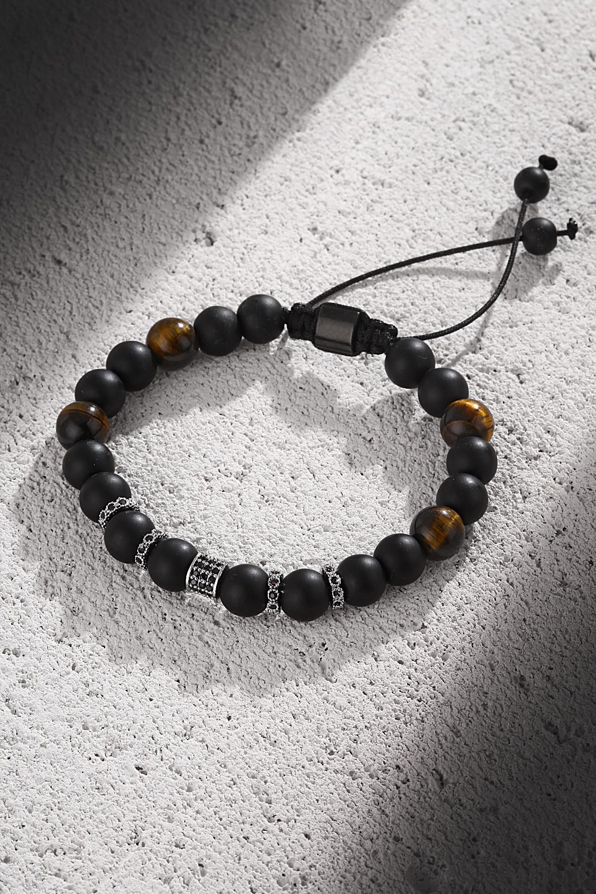FRNCH Sıralı Doğal Taşlı Zirkon Parçalı Ayarlanabilir Handmade Erkek Bileklik FRJ11236-1336-A