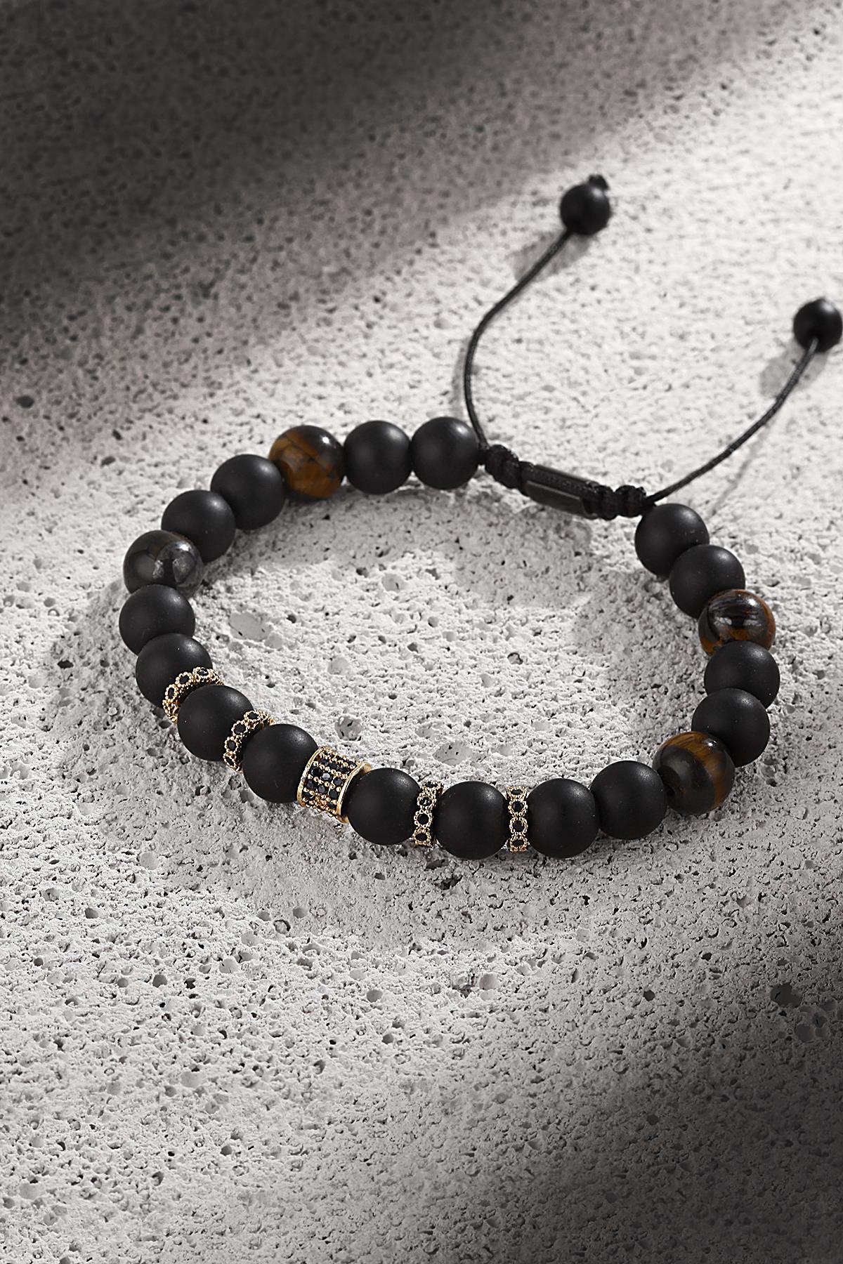 FRNCH Sıralı Doğal Taşlı Zirkon Parçalı Ayarlanabilir Handmade Erkek Bileklik FRJ11236-1336-G