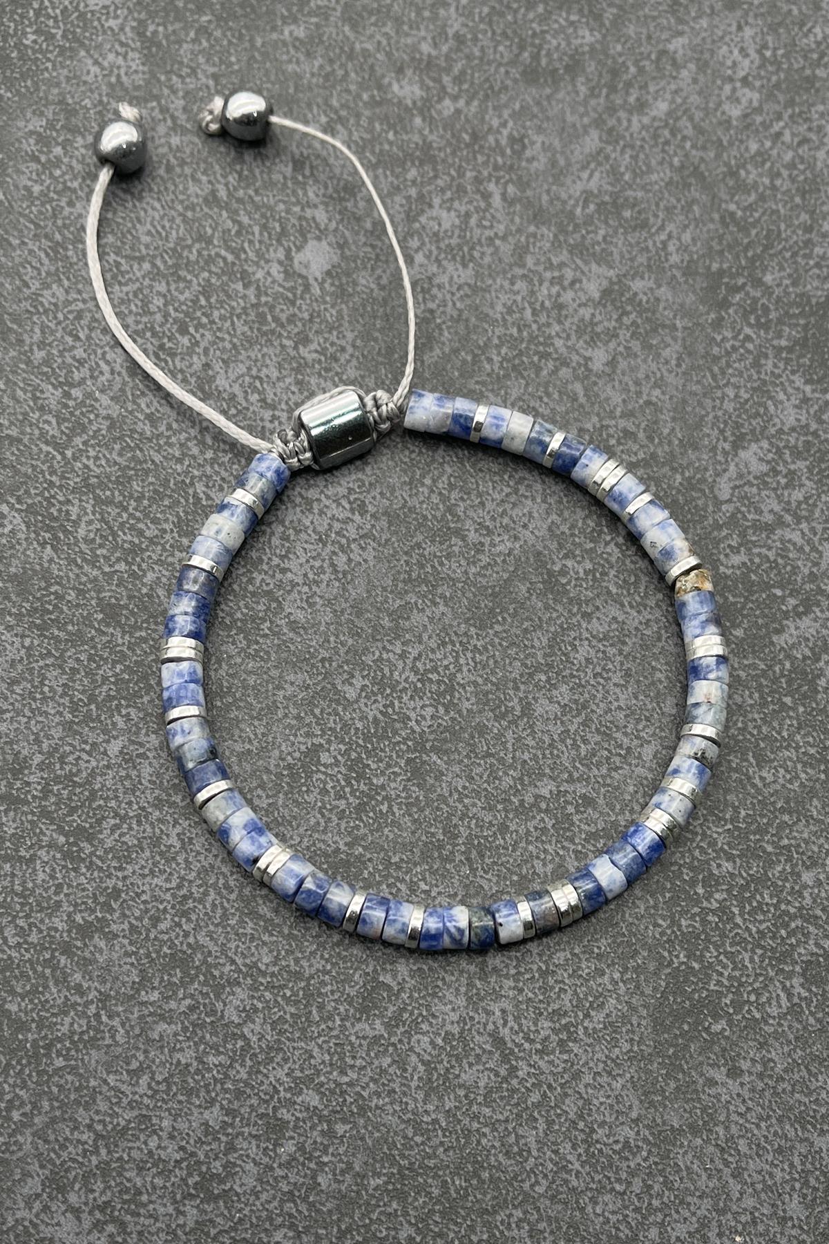 FRNCH Sodalit Doğal Taşlı Mavi Renkli Ayarlanabilir Makrome Erkek Bileklik FRJ11252-1352-M2