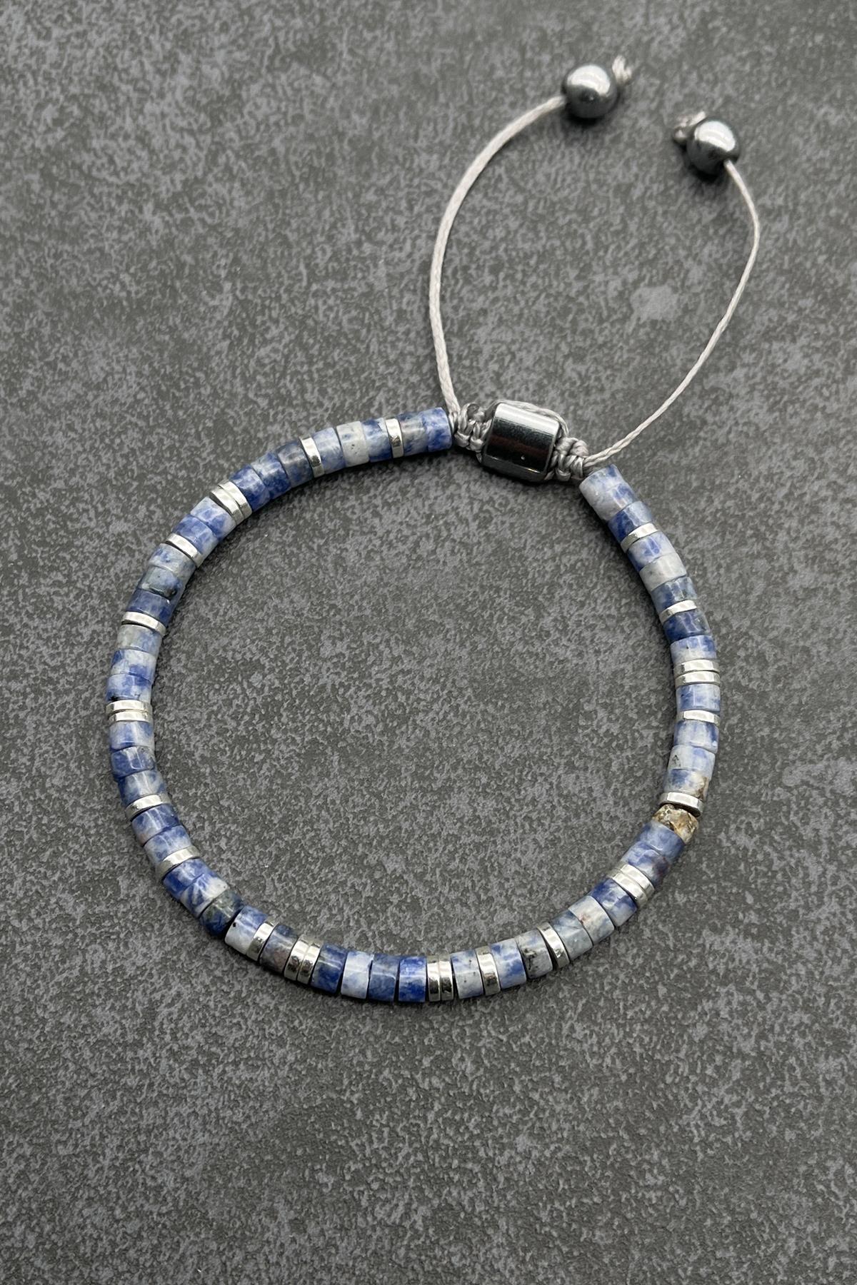 FRNCH Sodalit Doğal Taşlı Mavi Renkli Ayarlanabilir Makrome Erkek Bileklik FRJ11252-1352-M2