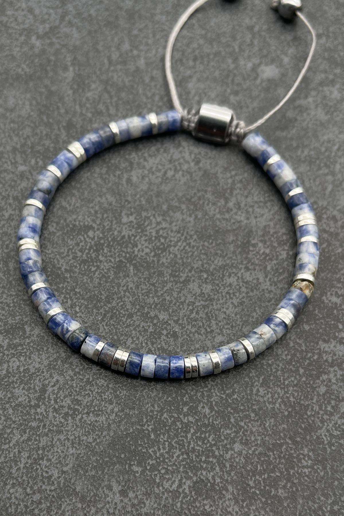 FRNCH Sodalit Doğal Taşlı Mavi Renkli Ayarlanabilir Makrome Erkek Bileklik FRJ11252-1352-M2