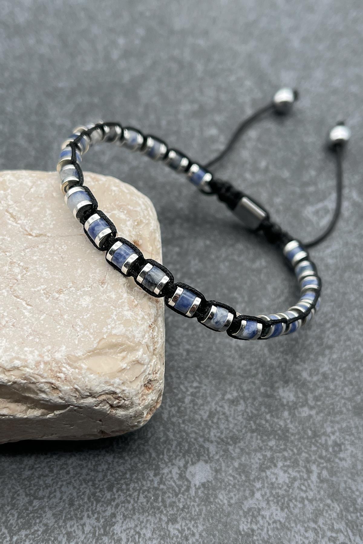 FRNCH Sodalit Doğal Taşlı Mavi Renkli Ayarlanabilir Makrome Erkek Bileklik FRJ11442-1542-M