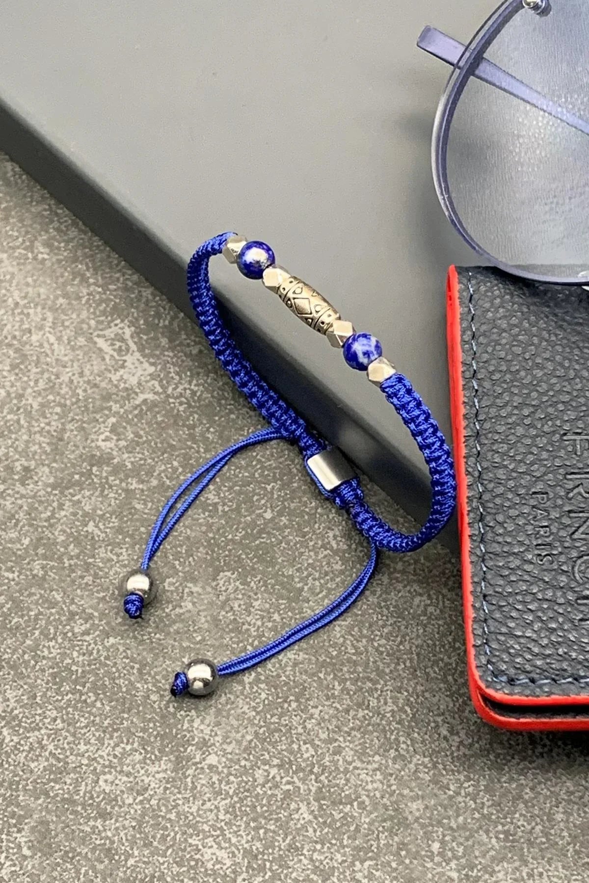 FRNCH Sodalit Doğal Taşlı Tibetan Model Lacivert Renkli Ayarlanabilir Makrome Erkek Bileklik FRJ11527-1627-L2