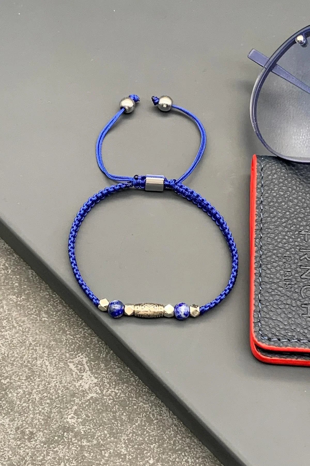FRNCH Sodalit Doğal Taşlı Tibetan Model Lacivert Renkli Ayarlanabilir Makrome Erkek Bileklik FRJ11527-1627-L2