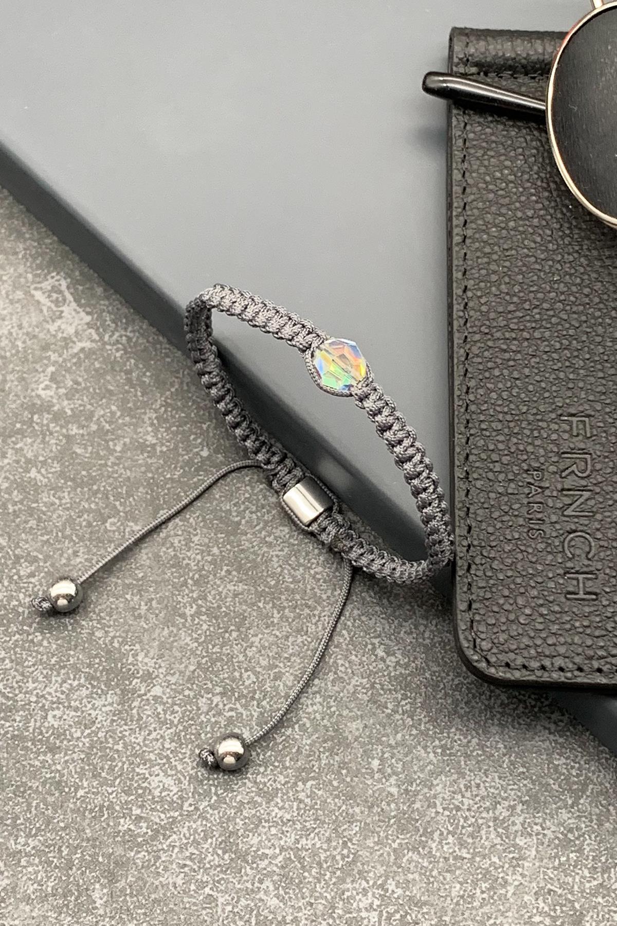 FRNCH Swarovski Taşlı Gri Renkli Ayarlanabilir Makrome Erkek Bileklik FRJ11532-1632-G