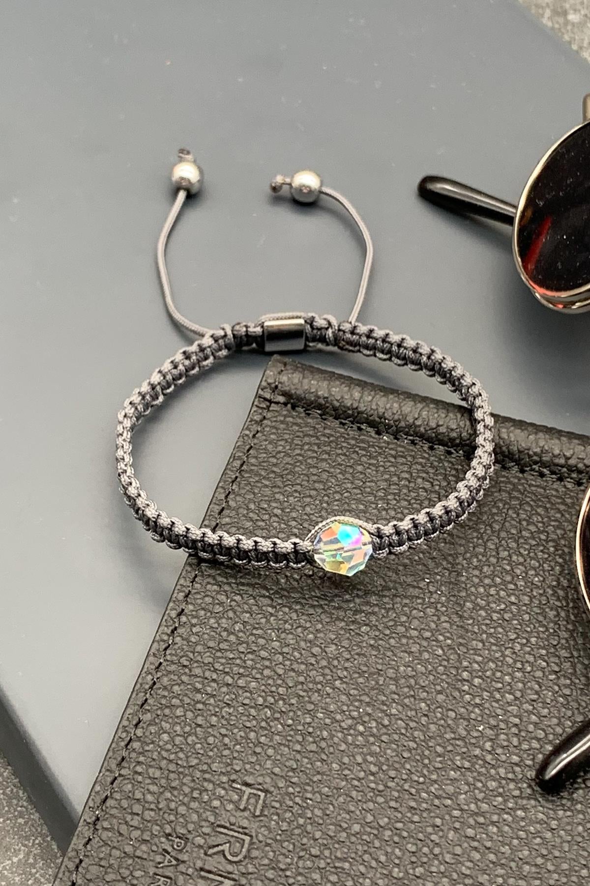 FRNCH Swarovski Taşlı Gri Renkli Ayarlanabilir Makrome Erkek Bileklik FRJ11532-1632-G