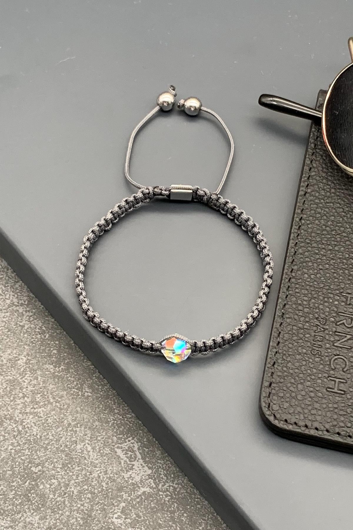 FRNCH Swarovski Taşlı Gri Renkli Ayarlanabilir Makrome Erkek Bileklik FRJ11532-1632-G