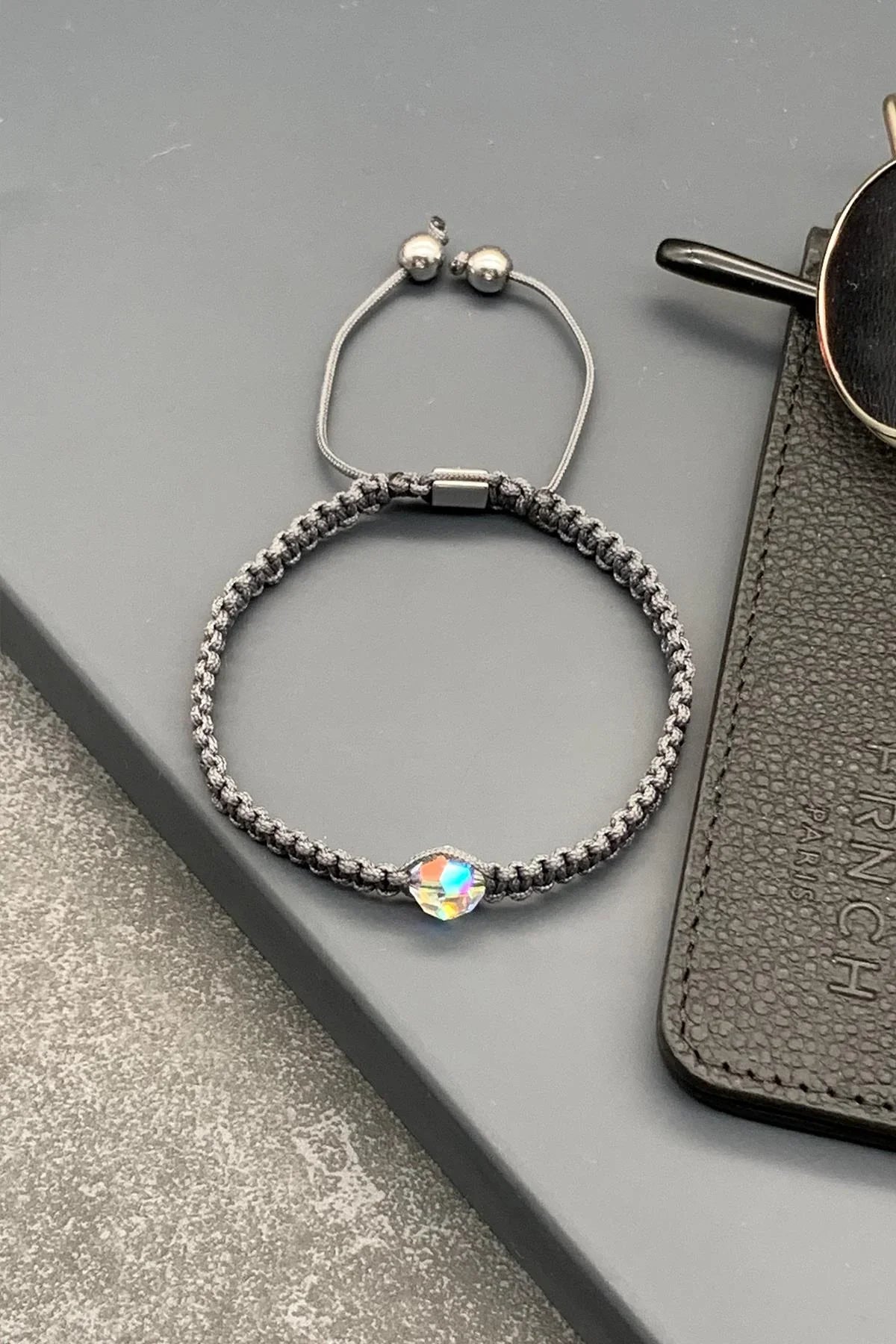FRNCH Swarovski Taşlı Gri Renkli Ayarlanabilir Makrome Erkek Bileklik FRJ11532-1632-G