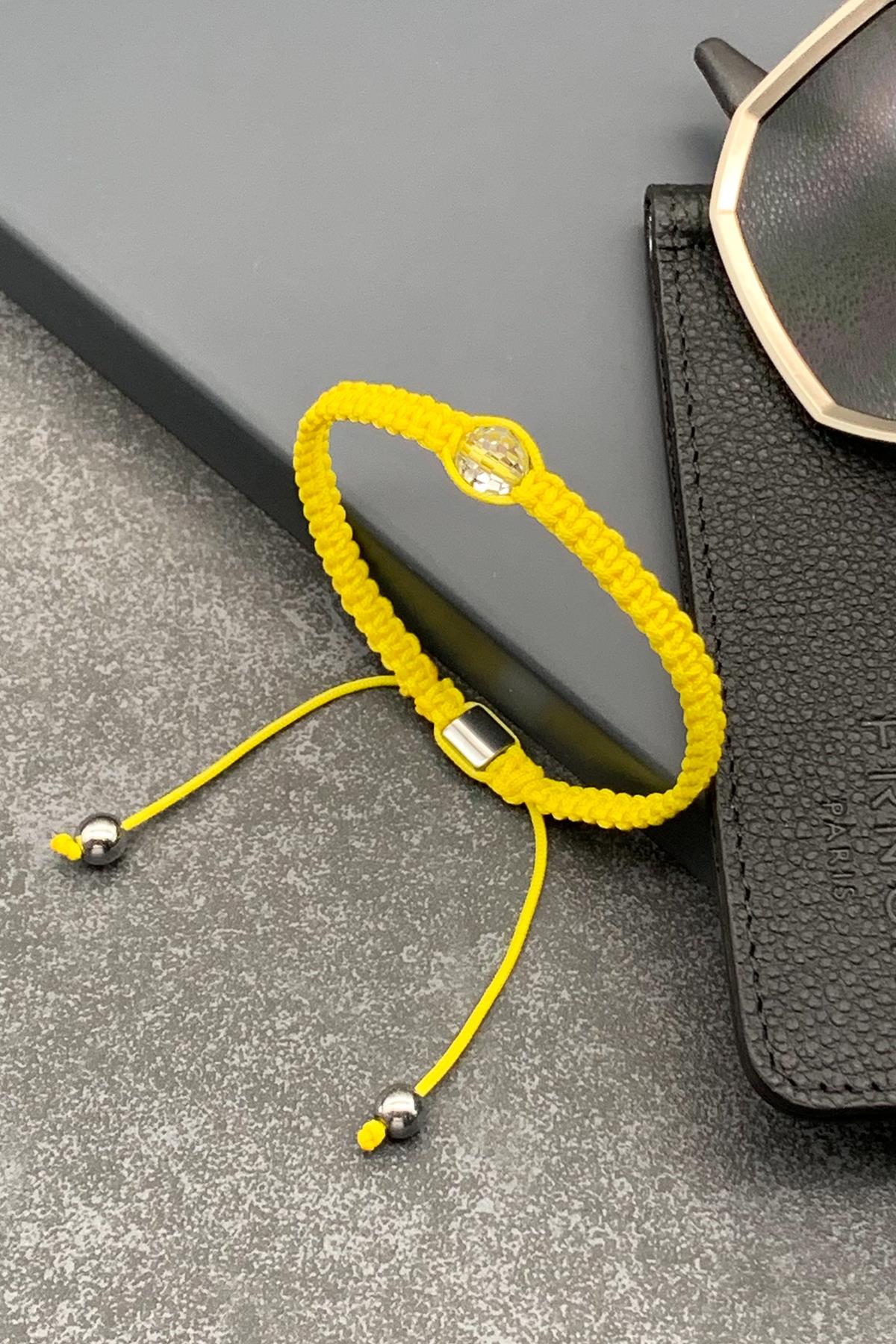 FRNCH Swarovski Taşlı Sarı Renkli Ayarlanabilir Makrome Erkek Bileklik FRJ11532-1632-S2