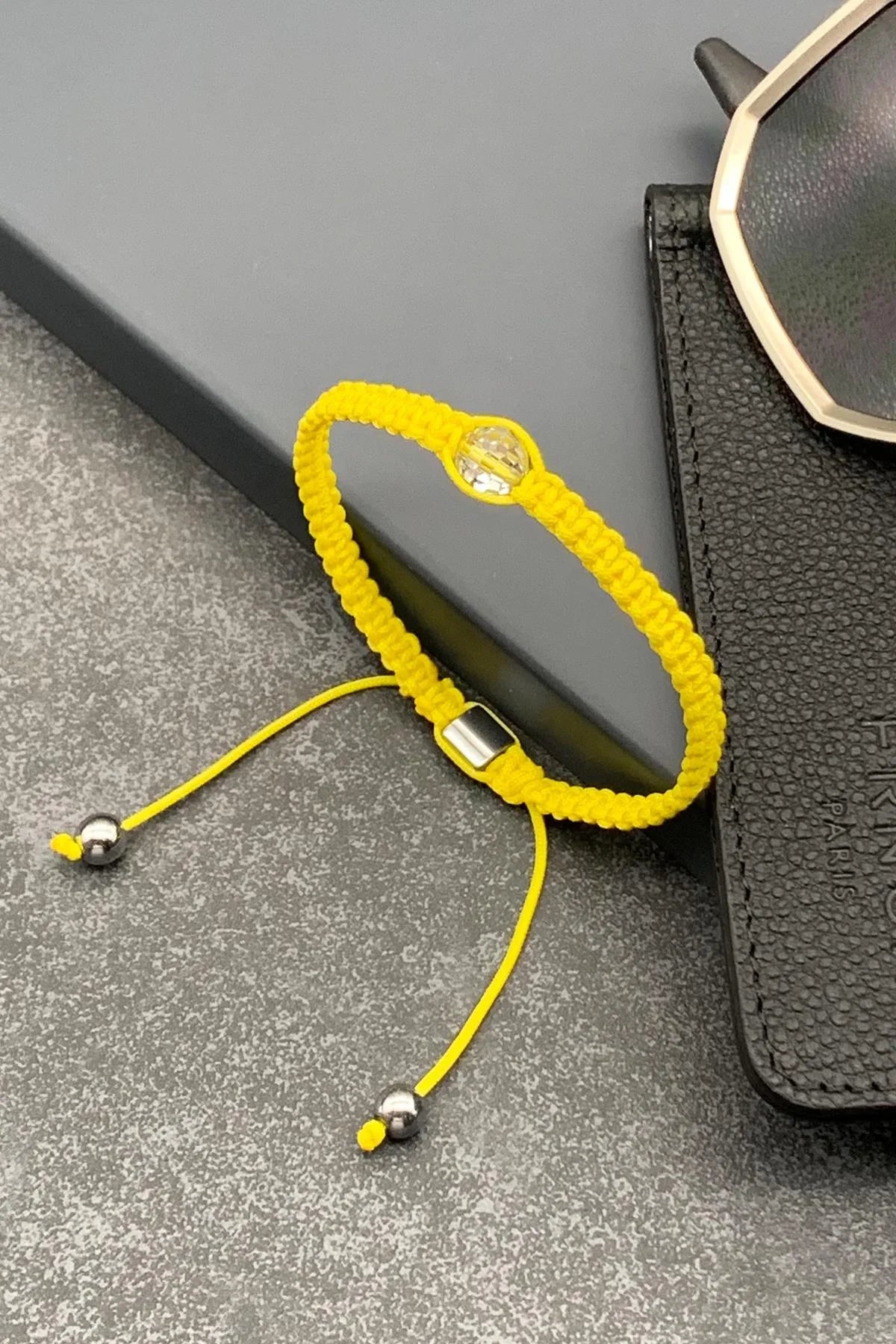 FRNCH Swarovski Taşlı Sarı Renkli Ayarlanabilir Makrome Erkek Bileklik FRJ11532-1632-S2