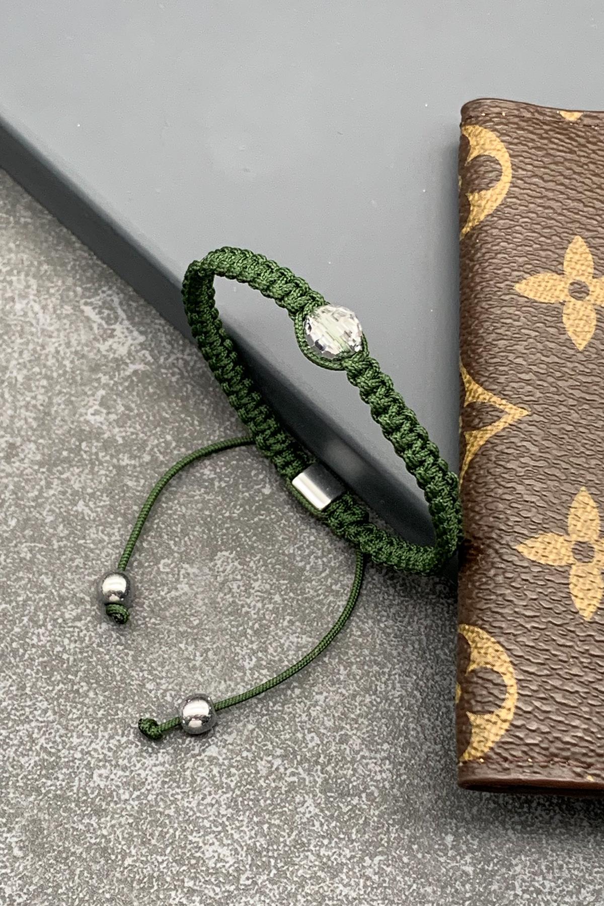 FRNCH Swarovski Taşlı Yeşil Renkli Ayarlanabilir Makrome Erkek Bileklik FRJ11532-1632-Y