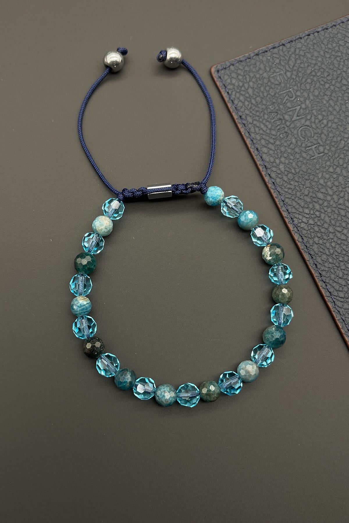 FRNCH Swarovski ve Apatit Doğal Taşlı Mavi Renkli Ayarlanabilir Makrome Erkek Bileklik FRJ11610-1710-M