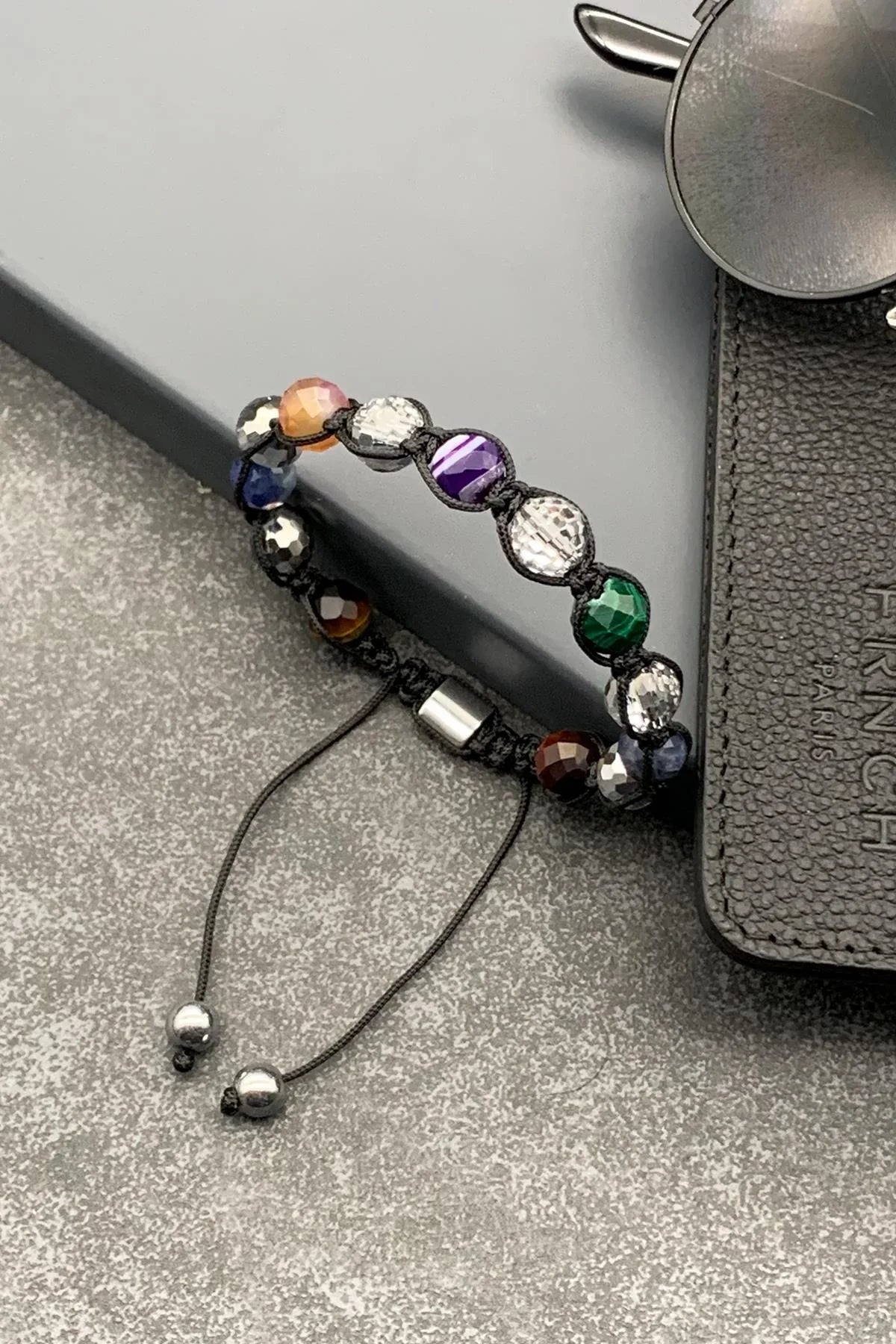 FRNCH Swarovski ve Mix Fasetli Doğal Taşlı Çok Renkli Ayarlanabilir Makrome Erkek Bileklik FRJ11518-1618-CK
