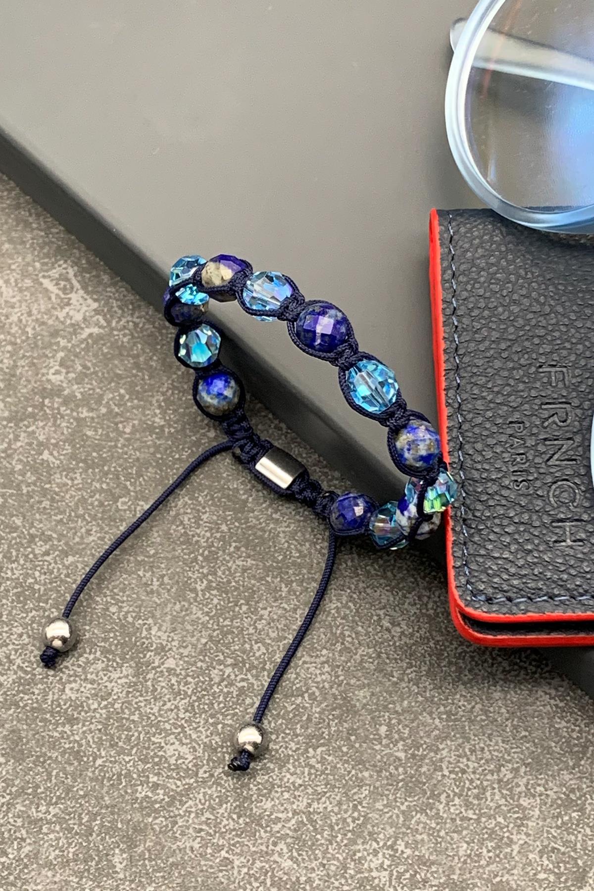 FRNCH Swarovski ve Sodalit Taşlı Lacivert Renkli Ayarlanabilir Makrome Erkek Bileklik FRJ11518-1618-L2
