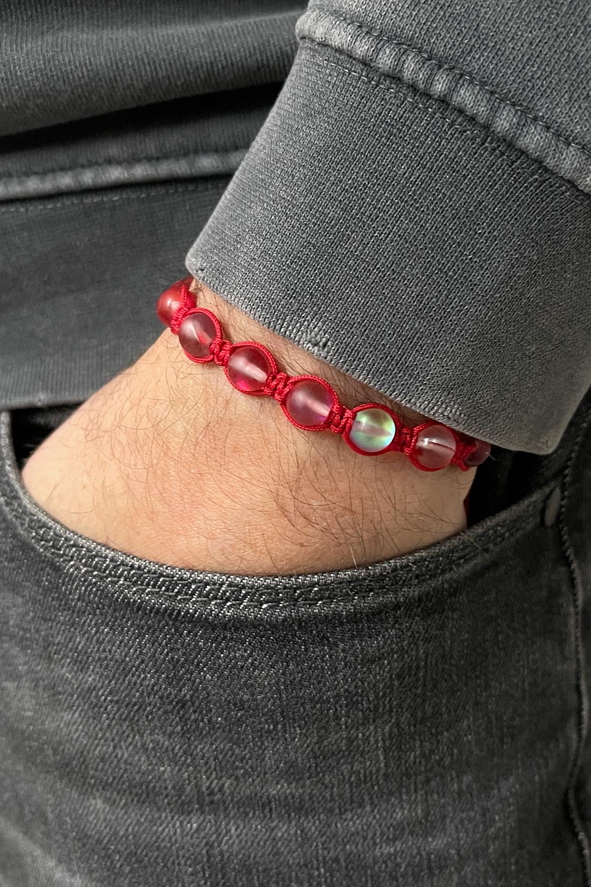 FRNCH Termal Kuvars Taşlı Kırmızı Renkli Ayarlanabilir Makrome Erkek Bileklik FRJ11346-1446-K2