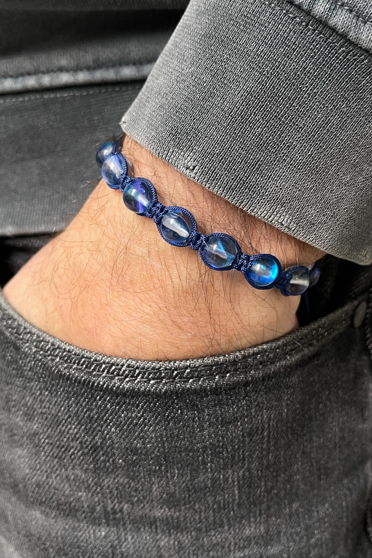 FRNCH Termal Kuvars Taşlı Lacivert Renkli Ayarlanabilir Makrome Erkek Bileklik FRJ11346-1446-M