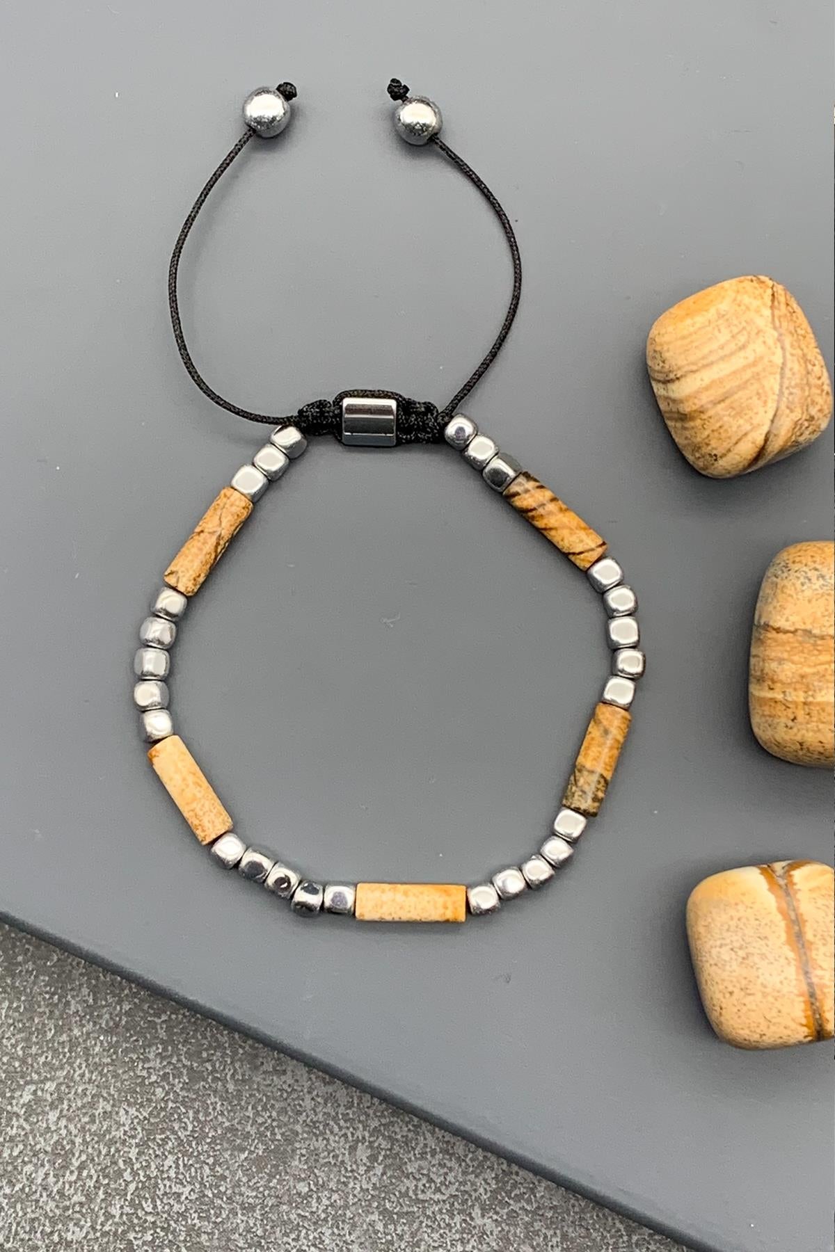 FRNCH Toprak Doğal Taşlı Kahverengi Renkli Ayarlanabilir Makrome Erkek Bileklik FRJ11473-1573-K4