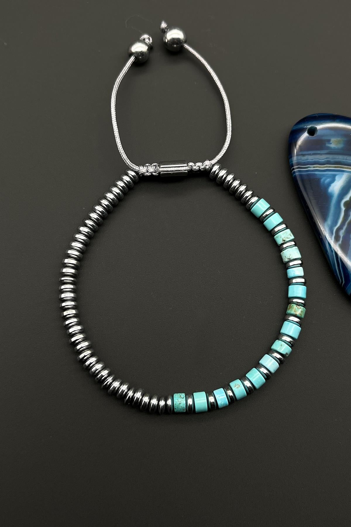 FRNCH Turkuaz Doğal Taşlı Mavi Renkli Ayarlanabilir Makrome Erkek Bileklik FRJ11531-1631-M4