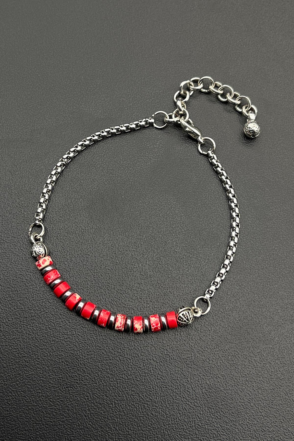 FRNCH Varisit Doğal Taşlı Kırmızı Renkli Ayarlanabilir Erkek Bileklik FRJ11695-1795-K4