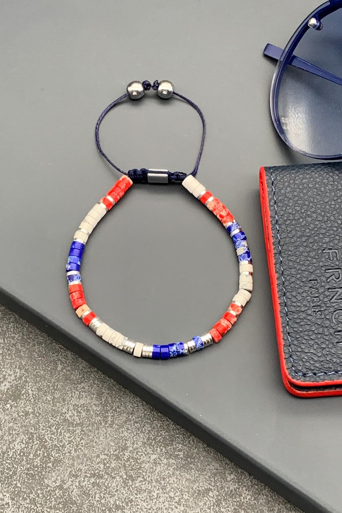 FRNCH Varisit Doğal Taşlı Kırmızı Renkli Ayarlanabilir Makrome Erkek Bileklik FRJ11479-1579-CK11