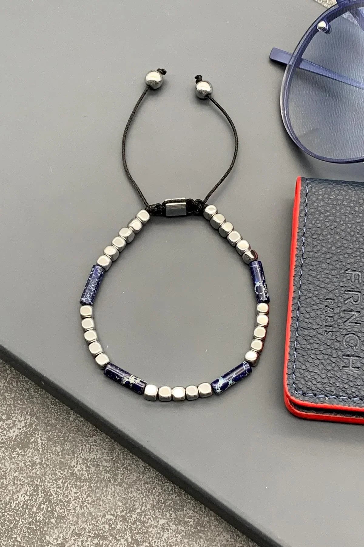 FRNCH Varisit Doğal Taşlı Lacivert Renkli Ayarlanabilir Makrome Erkek Bileklik FRJ11473-1573-L