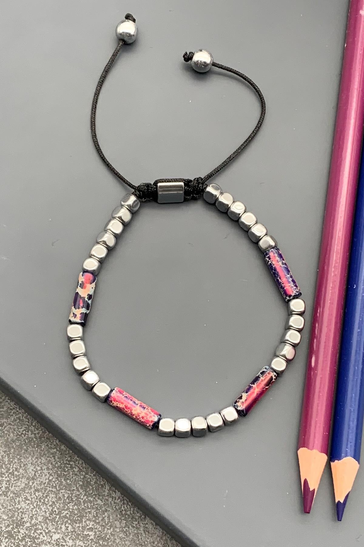 FRNCH Varisit Doğal Taşlı Pembe Renkli Ayarlanabilir Makrome Erkek Bileklik FRJ11473-1573-P