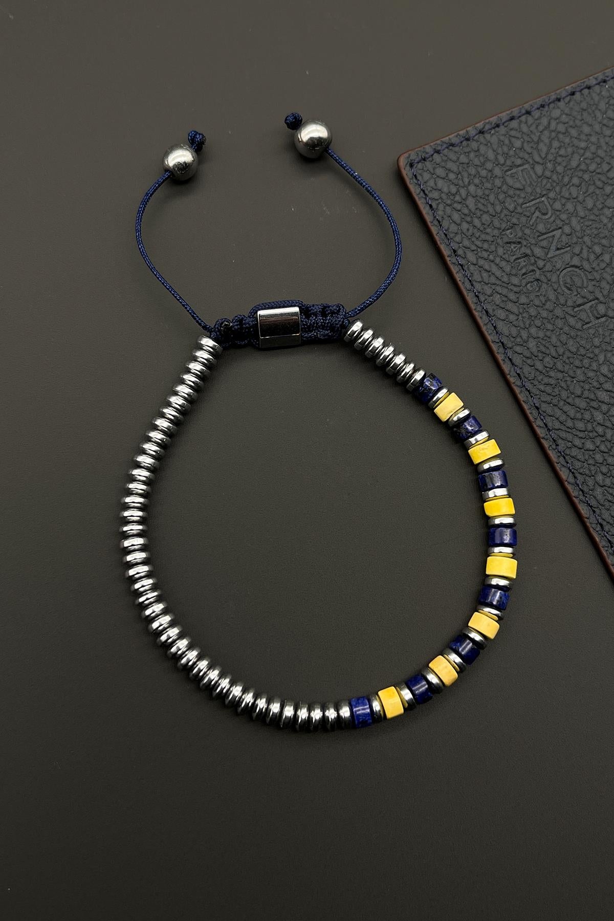 FRNCH Varisit Doğal Taşlı Sarı-Lacivert Renkli Ayarlanabilir Makrome Erkek Bileklik FRJ11568-1668-F