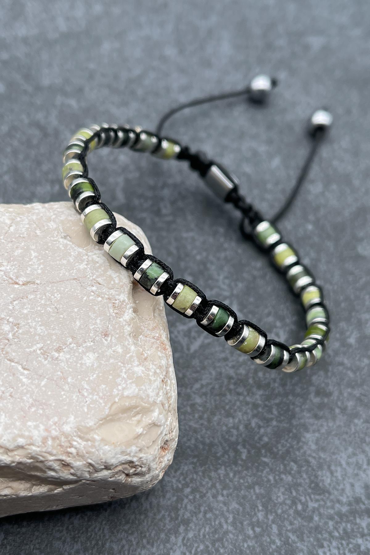 FRNCH Varisit Doğal Taşlı Yeşil Renkli Ayarlanabilir Makrome Erkek Bileklik FRJ11442-1542-Y