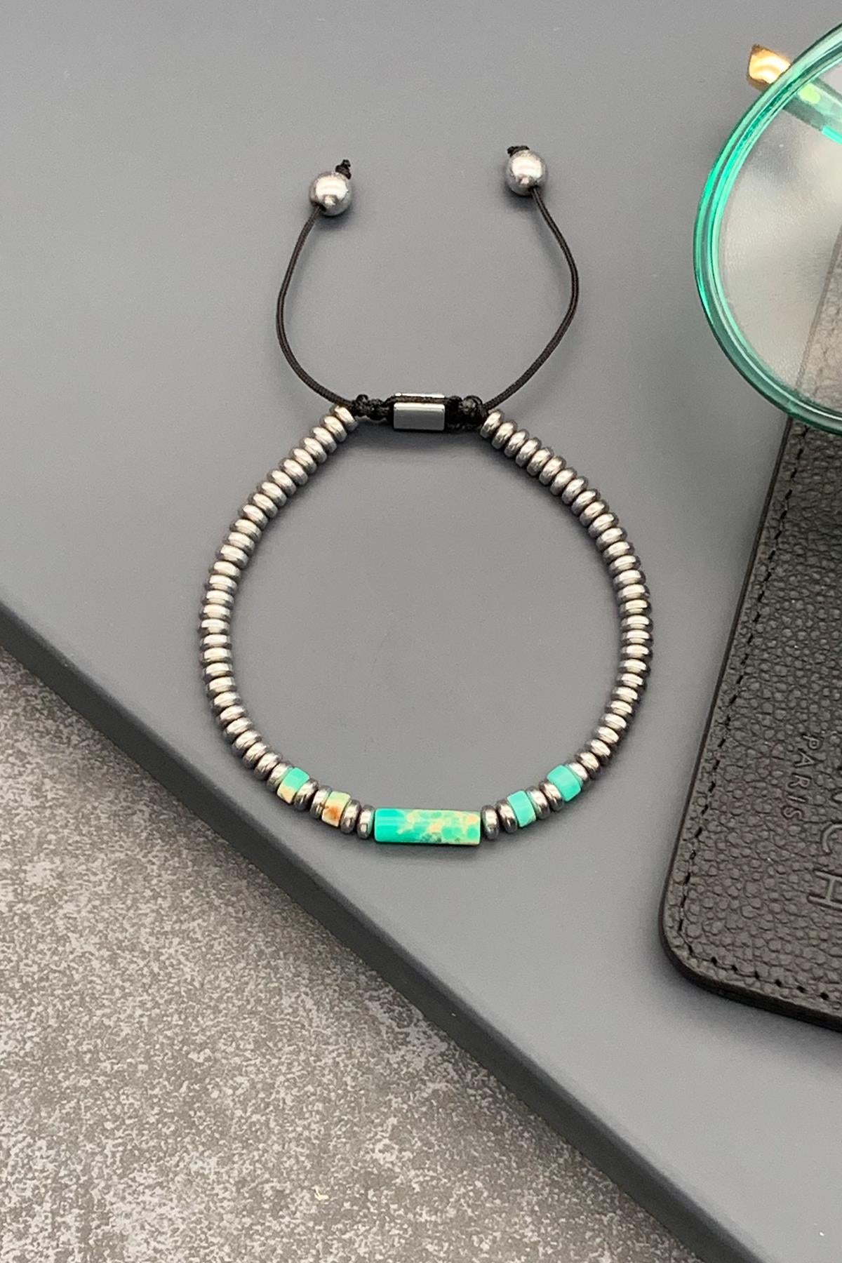 FRNCH Varisit Doğal Taşlı Yeşil Renkli Ayarlanabilir Makrome Erkek Bileklik FRJ11505-1605-Y