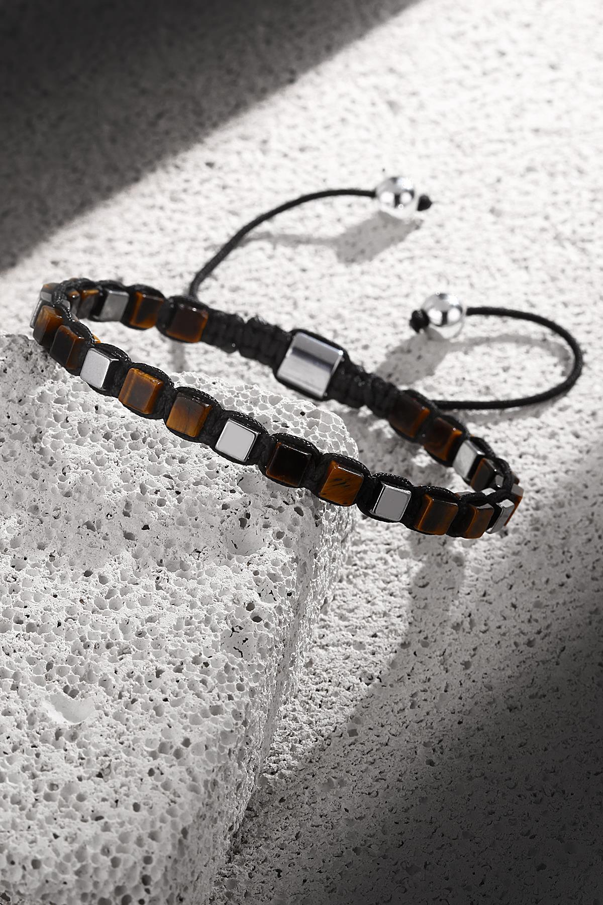 FRNCH Varisit Taşlı Küp Kesim Kahverengi Renkli Ayarlanabilir Erkek Bileklik FRJ11255-1355-K