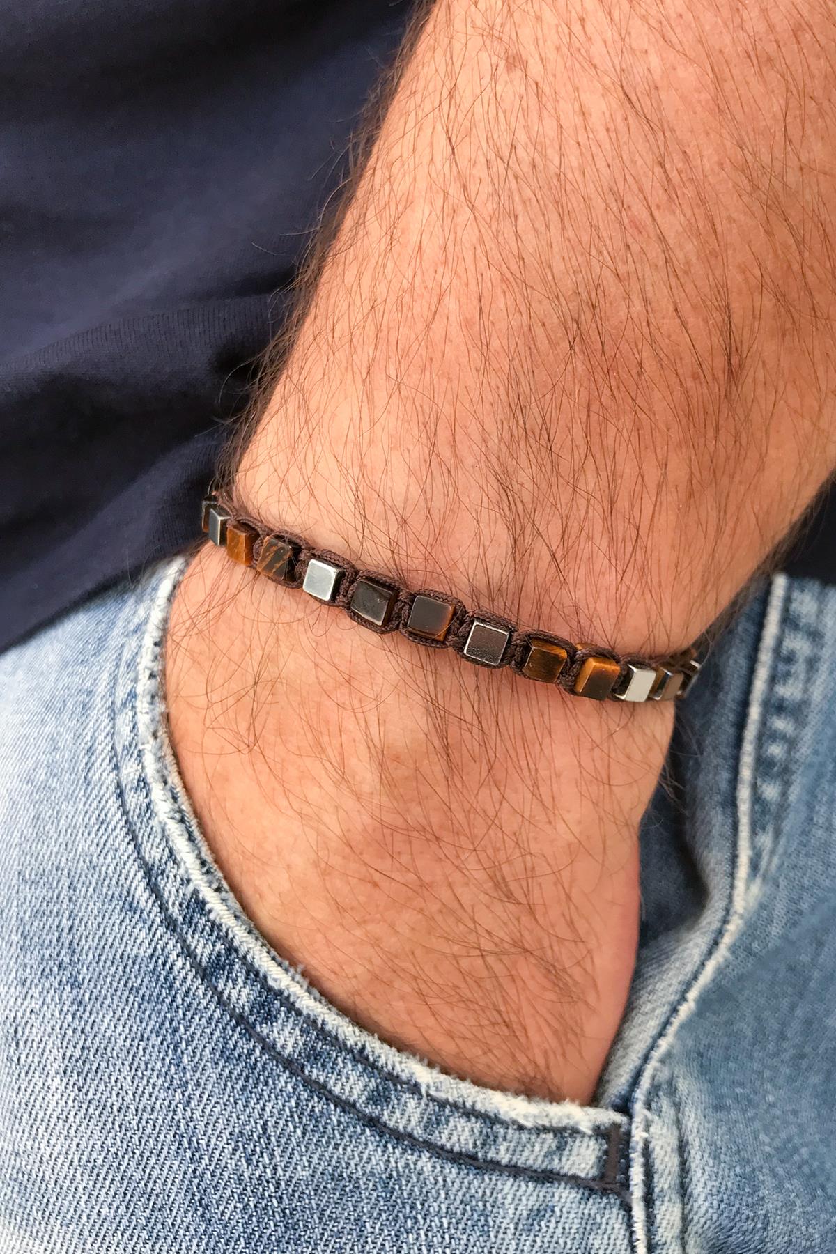 FRNCH Varisit Taşlı Küp Kesim Kahverengi Renkli Ayarlanabilir Erkek Bileklik FRJ11255-1355-K