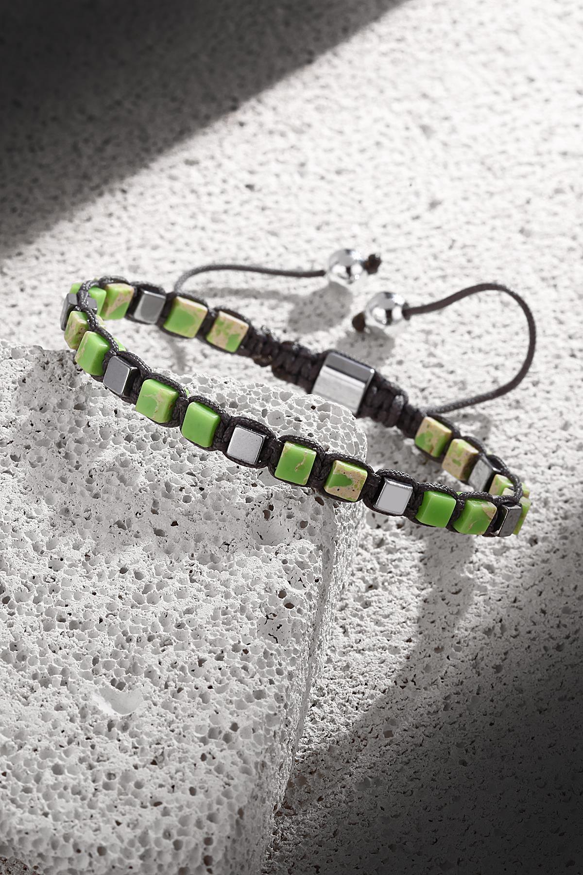 FRNCH Varisit Taşlı Küp Kesim Yeşil Renkli Ayarlanabilir Erkek Bileklik FRJ11255-1355-Y