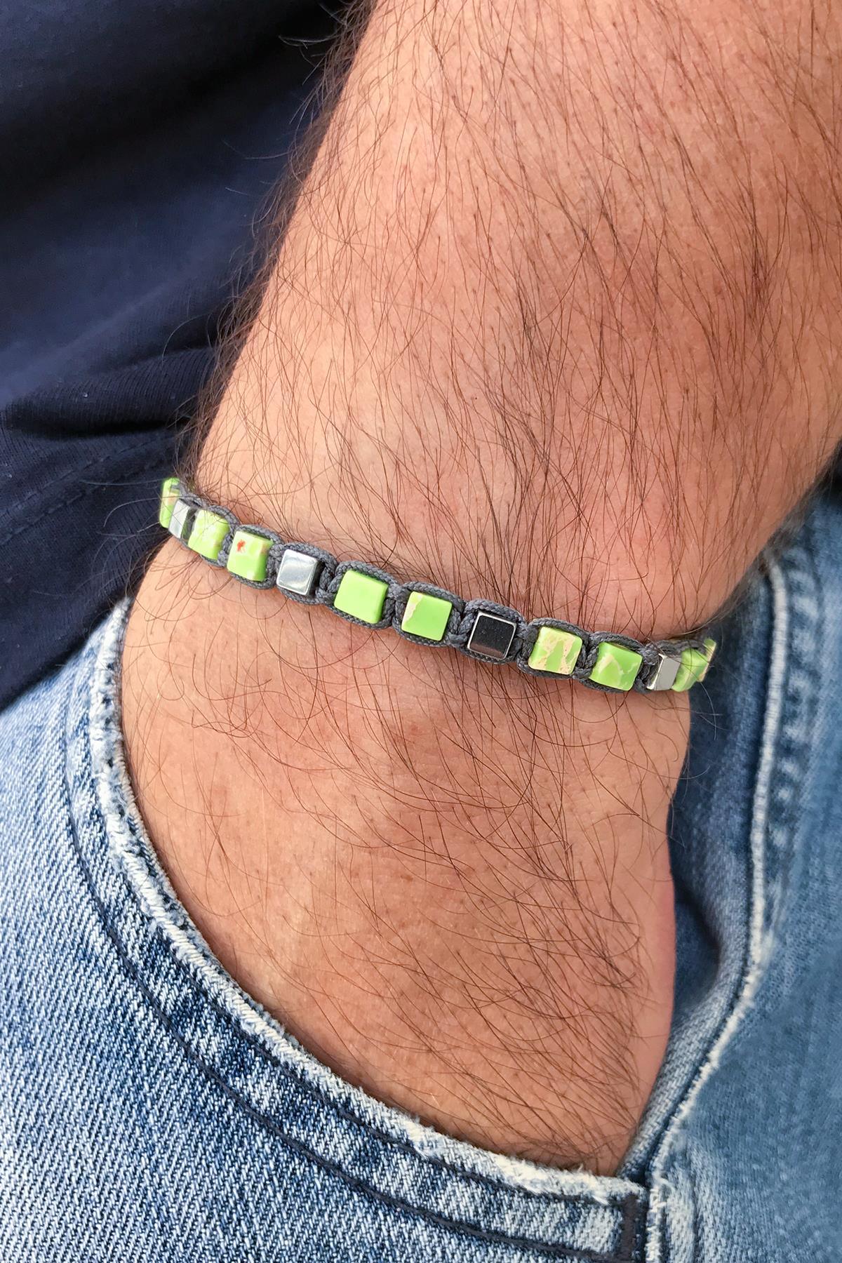 FRNCH Varisit Taşlı Küp Kesim Yeşil Renkli Ayarlanabilir Erkek Bileklik FRJ11255-1355-Y