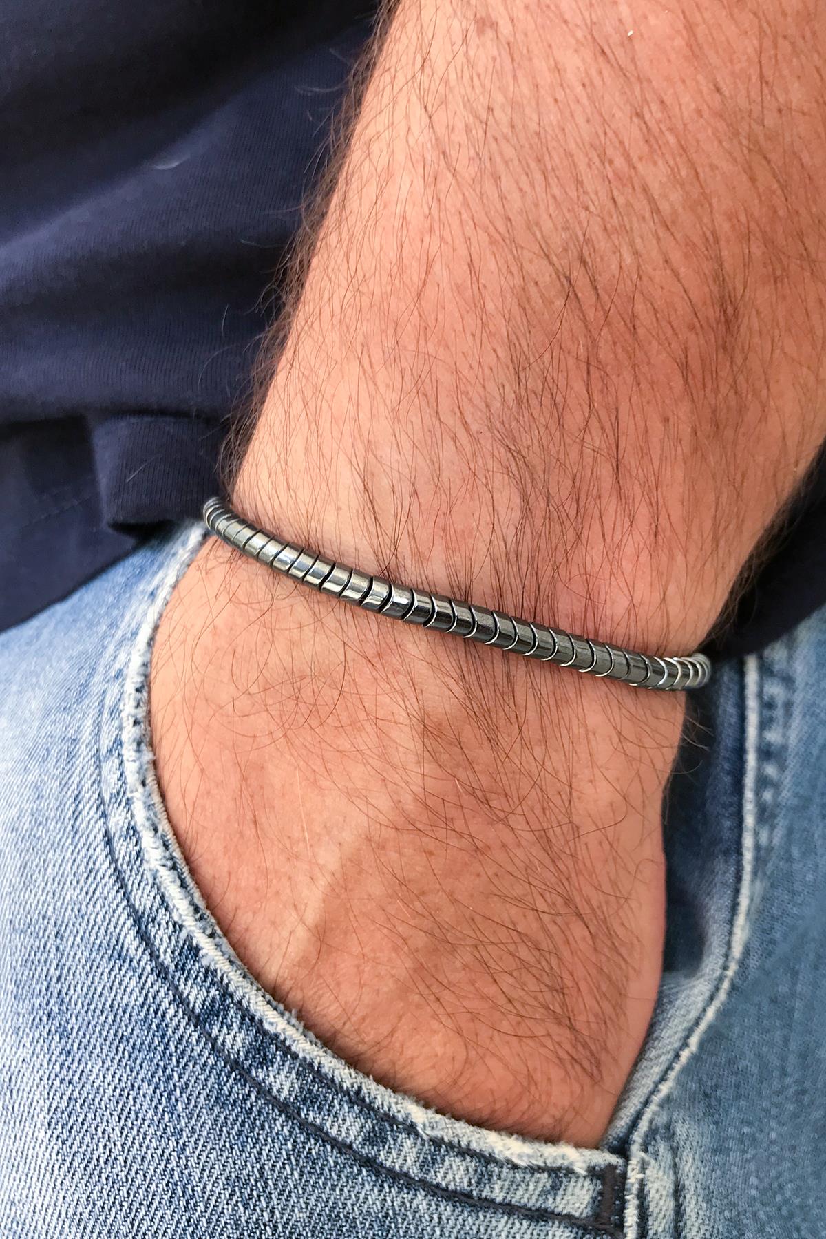 FRNCH Yılan Kesim Füme Renkli Hematit Ayarlanabilir Makrome Erkek Bileklik FRJ11254-1354-B