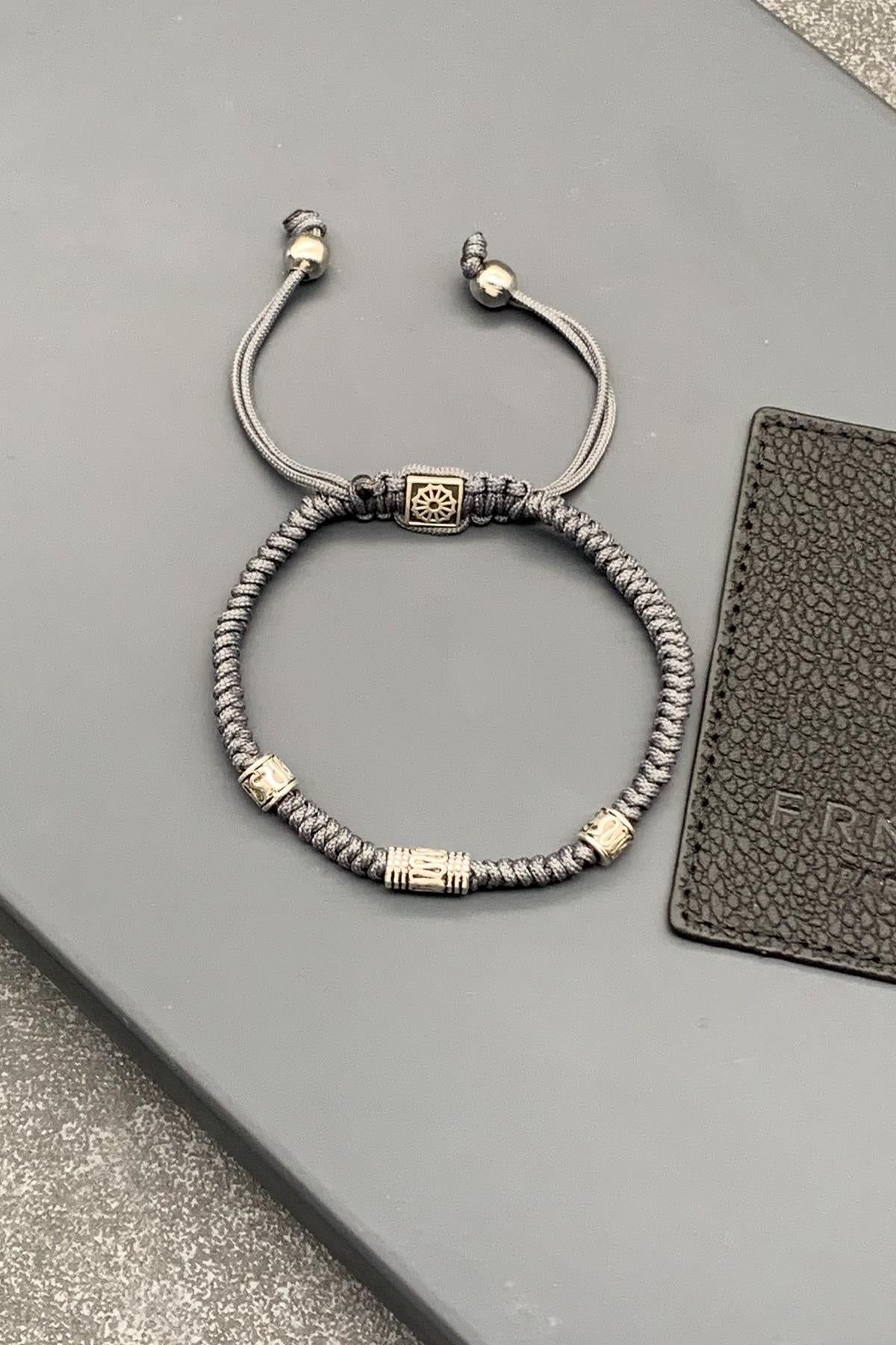 FRNCH Yılan Örme Model Gri Renkli Ayarlanabilir Makrome Erkek Bileklik FRJ11605-1705-G