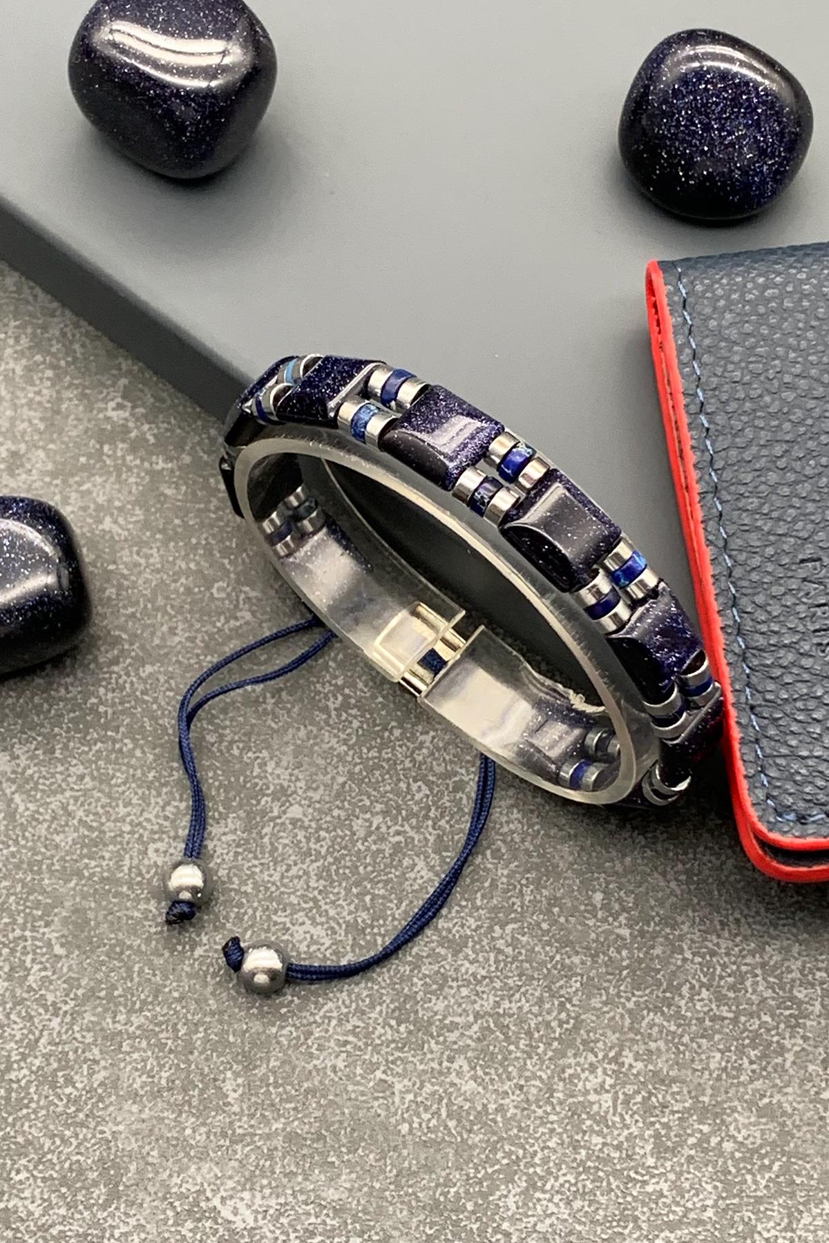 FRNCH Yıldız Doğal Taşlı Lacivert Renkli Ayarlanabilir Makrome Erkek Bileklik FRJ11494-1594-L